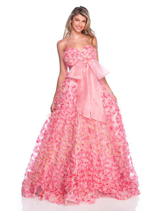 Expertly crafted by Dave &amp; Johnny, this 12136 Pleated Ruffle Prom Dress features a stunning floral print and an elegant A Line silhouette. Complete with a delicate bow detail and ballgown style, this formal dress is sure to make you feel like royalty at any event.

Sizes: 00-16

Colors: Pink Print