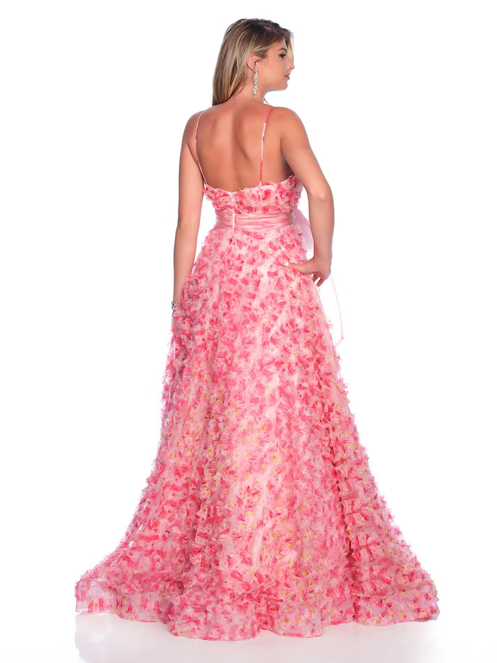 Expertly crafted by Dave &amp; Johnny, this 12136 Pleated Ruffle Prom Dress features a stunning floral print and an elegant A Line silhouette. Complete with a delicate bow detail and ballgown style, this formal dress is sure to make you feel like royalty at any event.

Sizes: 00-16

Colors: Pink Print