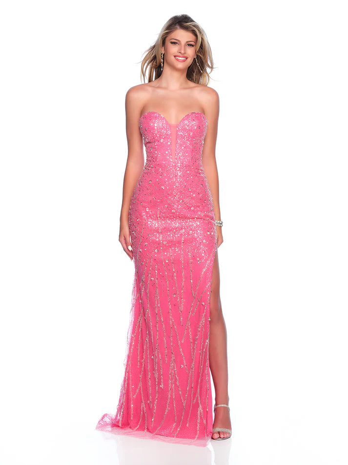 This Dave &amp; Johnny 12243 dress is perfect for prom or pageant wear. With its stunning sequin embellishments, strapless design, and elegant slit, it's sure to turn heads and make you feel like a star. Don't miss out on this glamorous and stylish formal gown.

Size: 00

Color: Fuchsia Pink