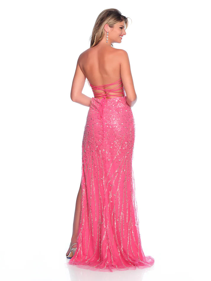 This Dave &amp; Johnny 12243 dress is perfect for prom or pageant wear. With its stunning sequin embellishments, strapless design, and elegant slit, it's sure to turn heads and make you feel like a star. Don't miss out on this glamorous and stylish formal gown.

Size: 00

Color: Fuchsia Pink