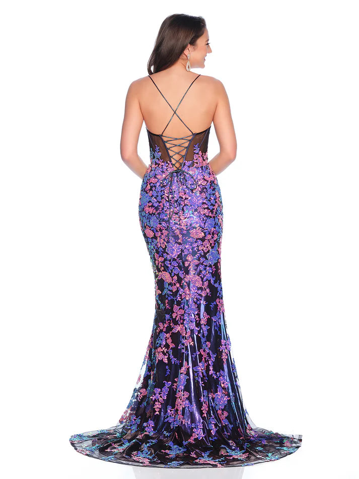 Dave & Johnny 12278 Size 2 Purple Metallic Sheer Corset Sequin Prom Dress Slit Formal Gown