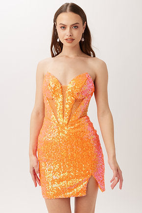 Vienna 60100 Strapless Silhouette Sequin Slit V-Neck Cut Out Bodice Cocktail Homecoming Dress. Feel elegant and glamorous in the Vienna 60100 Strapless Dress. It features a V-neck cut-out bodice adorned with sparkling sequins, a slit design, and a graceful silhouette to flatter any body type. Perfect for any special occasion, this dress is sure to make you stand out in the crowd.