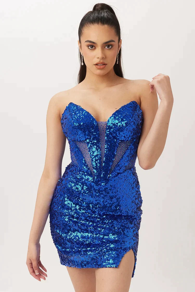 Vienna 60100 Strapless Silhouette Sequin Slit V-Neck Cut Out Bodice Cocktail Homecoming Dress. Feel elegant and glamorous in the Vienna 60100 Strapless Dress. It features a V-neck cut-out bodice adorned with sparkling sequins, a slit design, and a graceful silhouette to flatter any body type. Perfect for any special occasion, this dress is sure to make you stand out in the crowd.