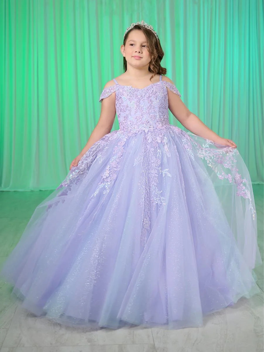 Expertly crafted with shimmering lace and delicate tulle, the Tiffany Princess 13760 dress is the perfect choice for any pageant occasion. The off the shoulder design and corset back add a touch of elegance, while the flowing tulle skirt adds a sense of movement. Make a statement with this stunning dress.