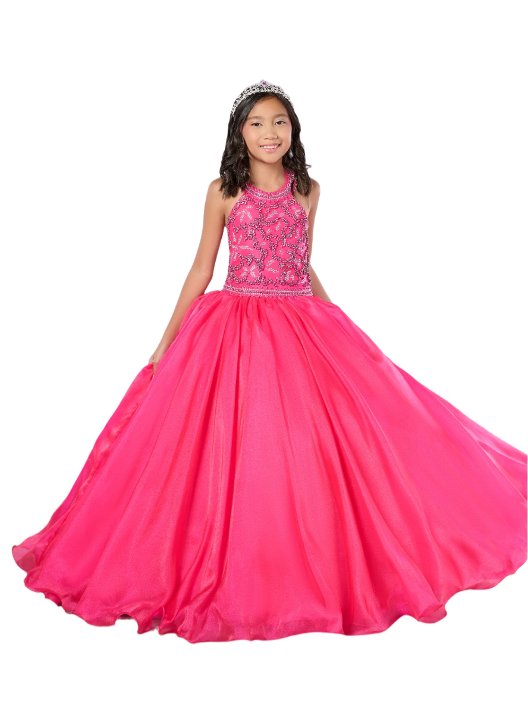 Indulge in luxury with our Tiffany Princess 13786 Girls Pageant Dress. The crystal bodice adds an element of elegance, while the A-line design and high neck form a graceful silhouette. Perfect for a formal event, this dress will make your little girl feel like royalty.