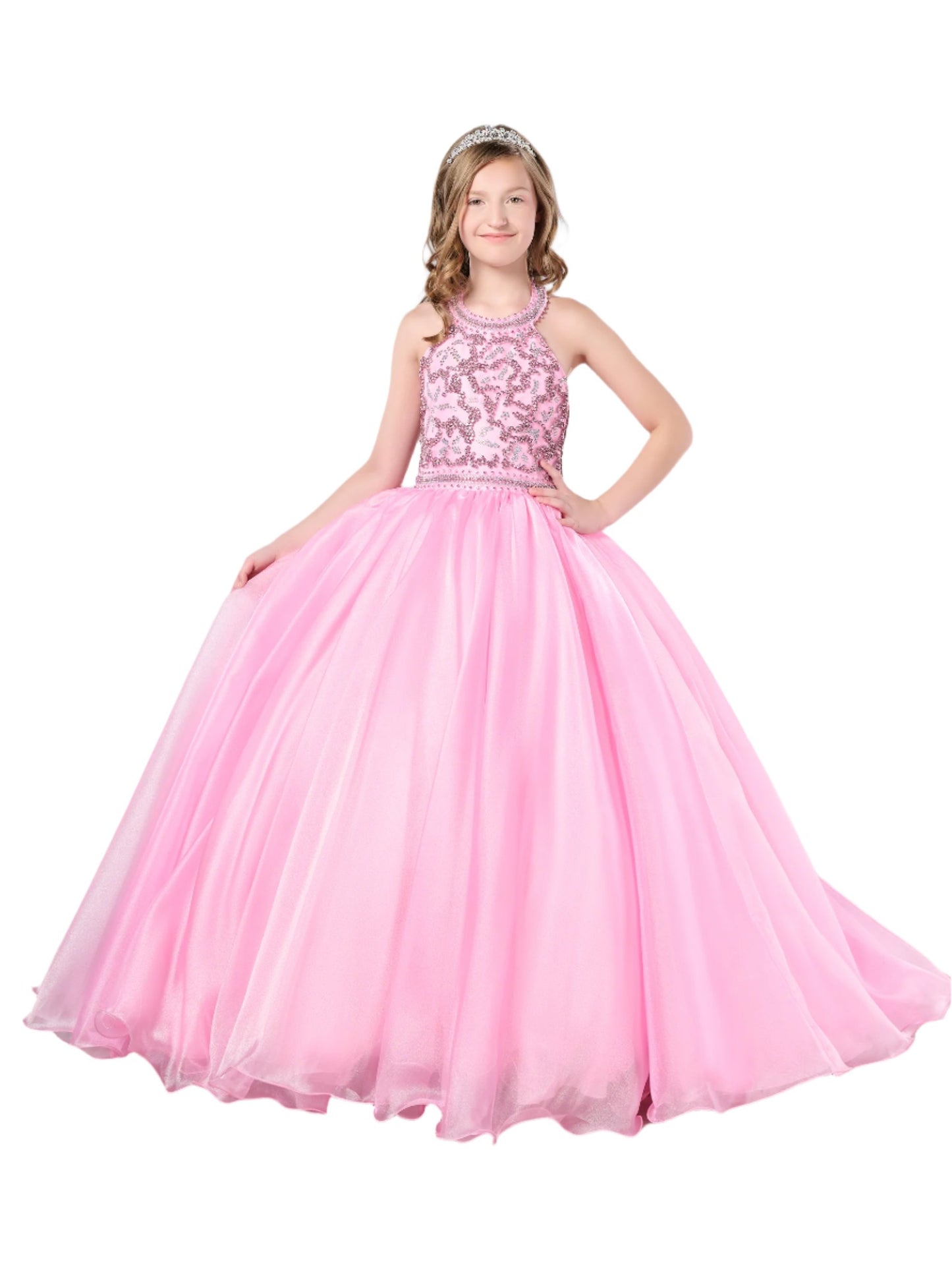 Indulge in luxury with our Tiffany Princess 13786 Girls Pageant Dress. The crystal bodice adds an element of elegance, while the A-line design and high neck form a graceful silhouette. Perfect for a formal event, this dress will make your little girl feel like royalty.