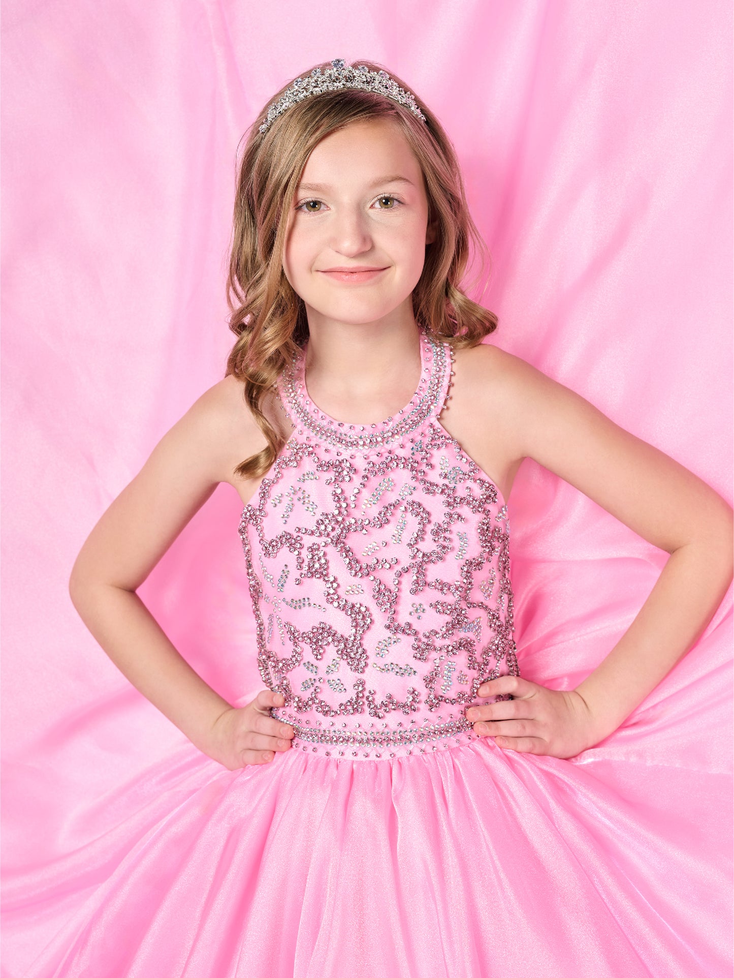 Indulge in luxury with our Tiffany Princess 13786 Girls Pageant Dress. The crystal bodice adds an element of elegance, while the A-line design and high neck form a graceful silhouette. Perfect for a formal event, this dress will make your little girl feel like royalty.