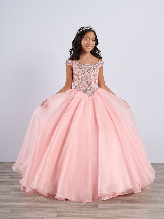 Elevate your little girl's pageant game with the Tiffany Princess 13788 dress. The stunning crystal bodice sparkles underneath the off-shoulder ballgown, making her stand out on stage. The A-line cut flatters any figure, creating a timeless and elegant look for any pageant.

Sizes: 2-16

Colors: Blush, Royal, White