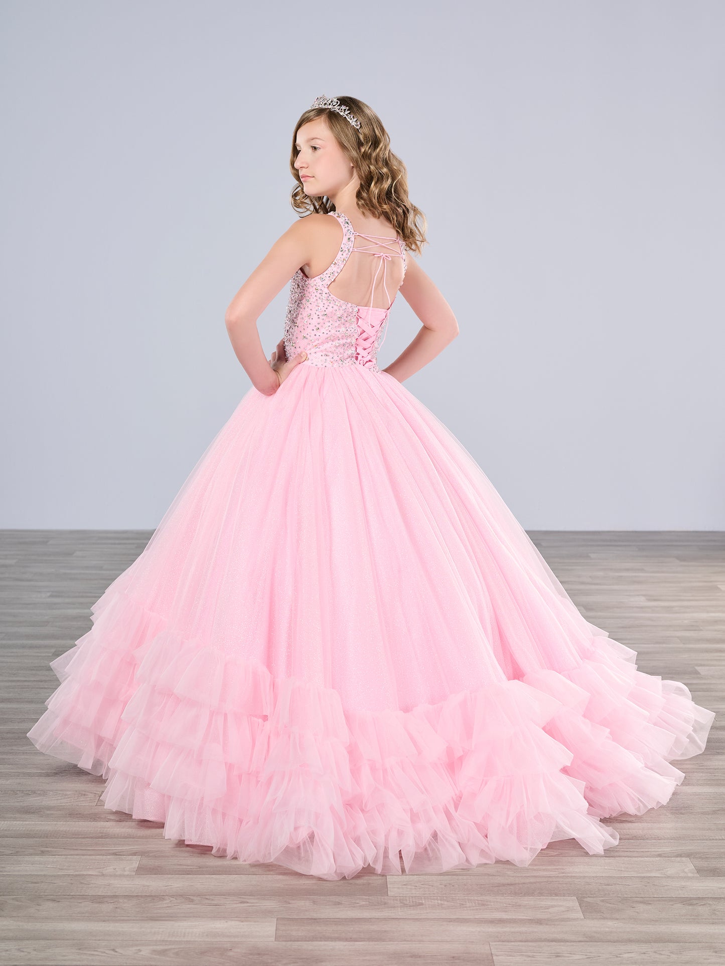 Tiffany Princess 13795 Ruffle Skirt Girls Pageant Dress Crystal High Neck Backless Corset