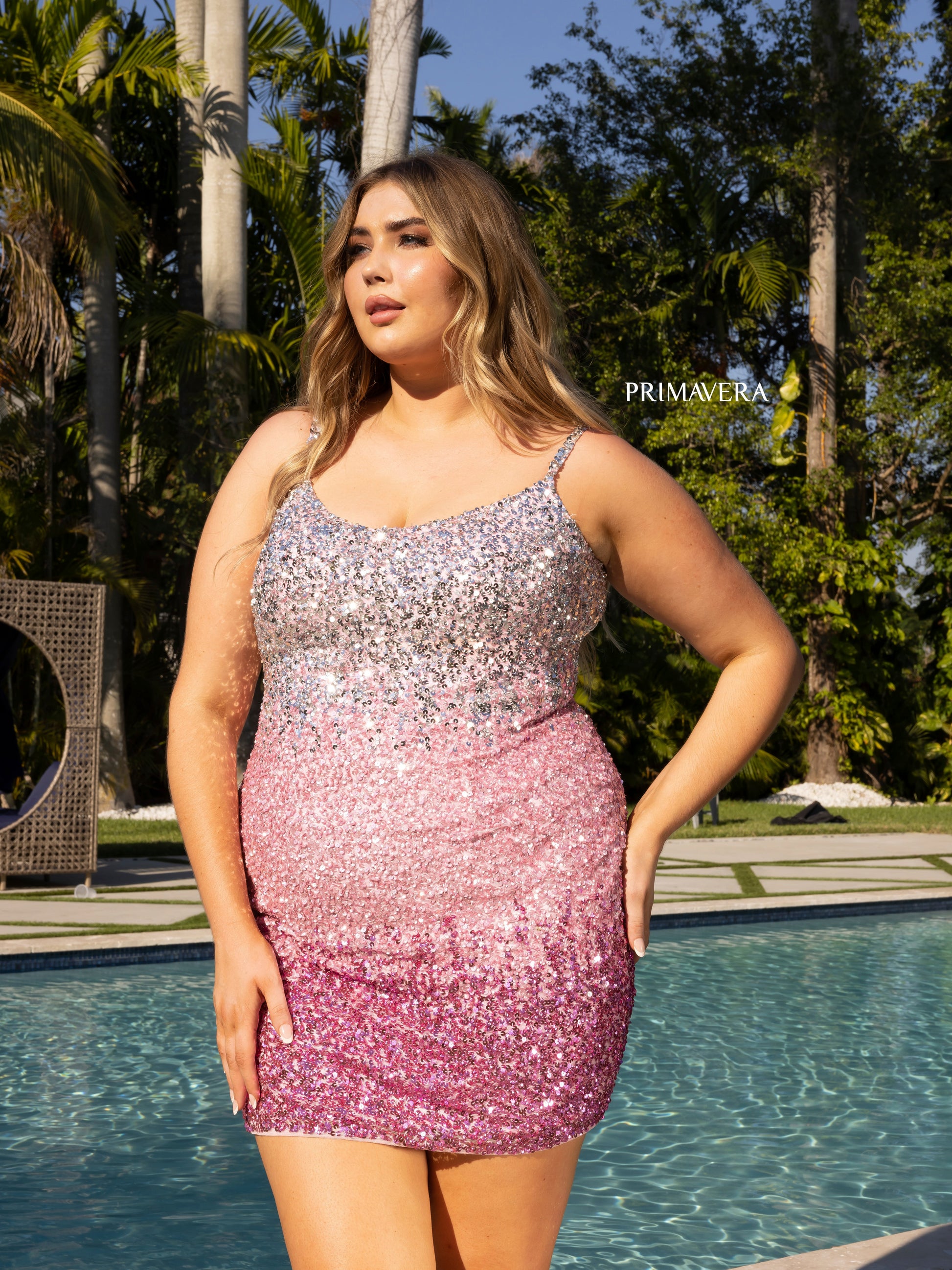 Primavera Couture 14025 Curvy Cocktail Dress  Ombre Sequin Embellished Spaghetti Strap Open Tie Back Curvy Short Homecoming Cocktail Dress. The Primavera Couture 14025 dress features a stunning ombre sequin design with spaghetti straps and an open tie-back for flattering and chic styling. Crafted for curvy silhouettes, this dress is perfect for any special occasion.