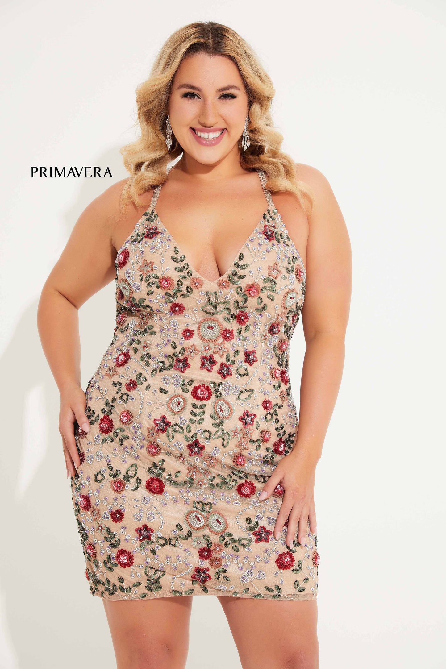 Primavera Couture 14060 V neckline cocktail dress curvy flower sequins V neckline