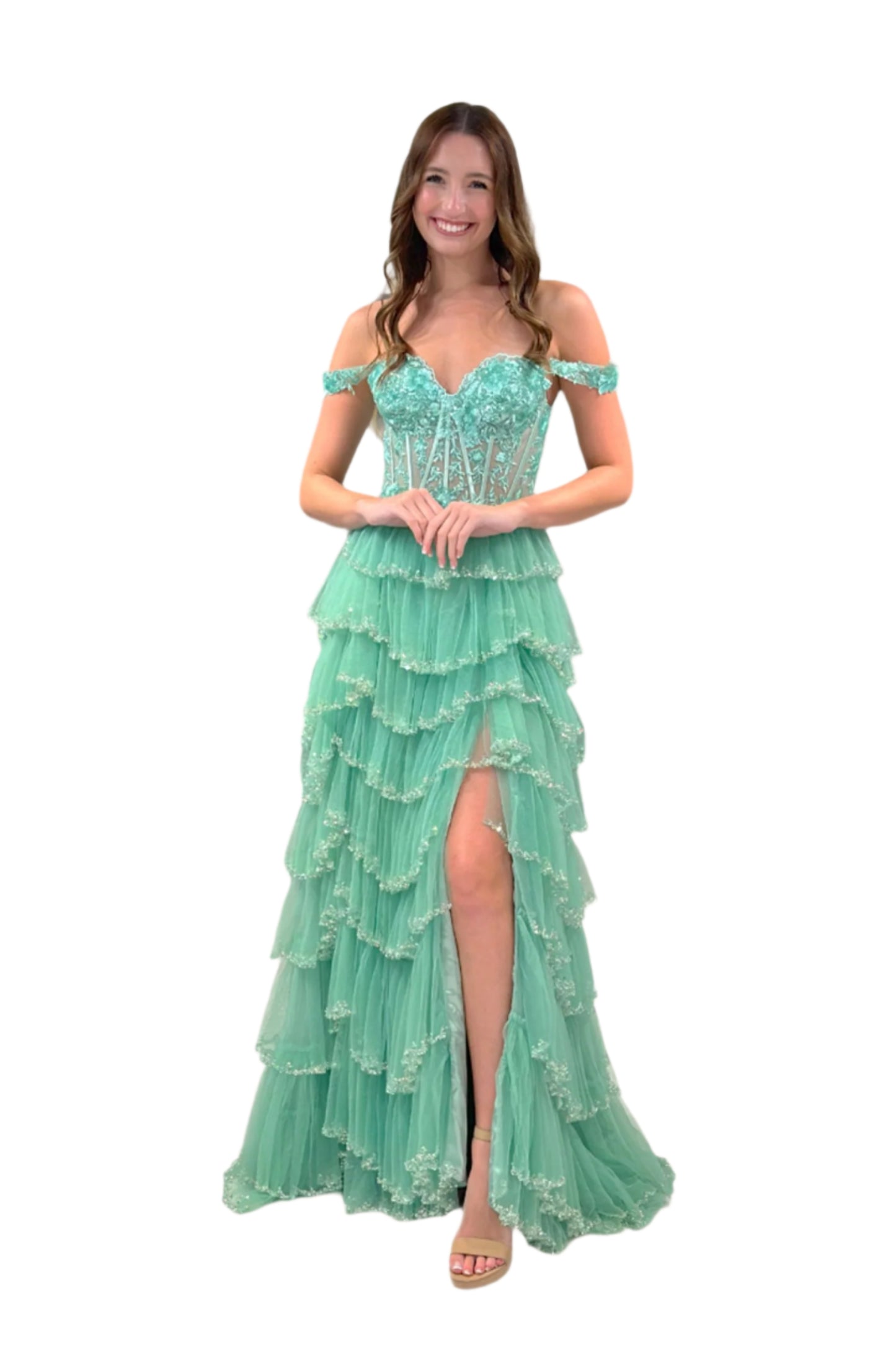 As a stunning prom dress, the Lucci Lu 1432 features intricate beaded detailing, a layered skirt design, and a lace corset top with sheer accents. The maxi length and thigh-high slit add elegance and allure, making it a perfect gown for formal events and beauty pageants.

Sizes: 0-20

Colors: Dusty Lilac, Sage Sky Blue