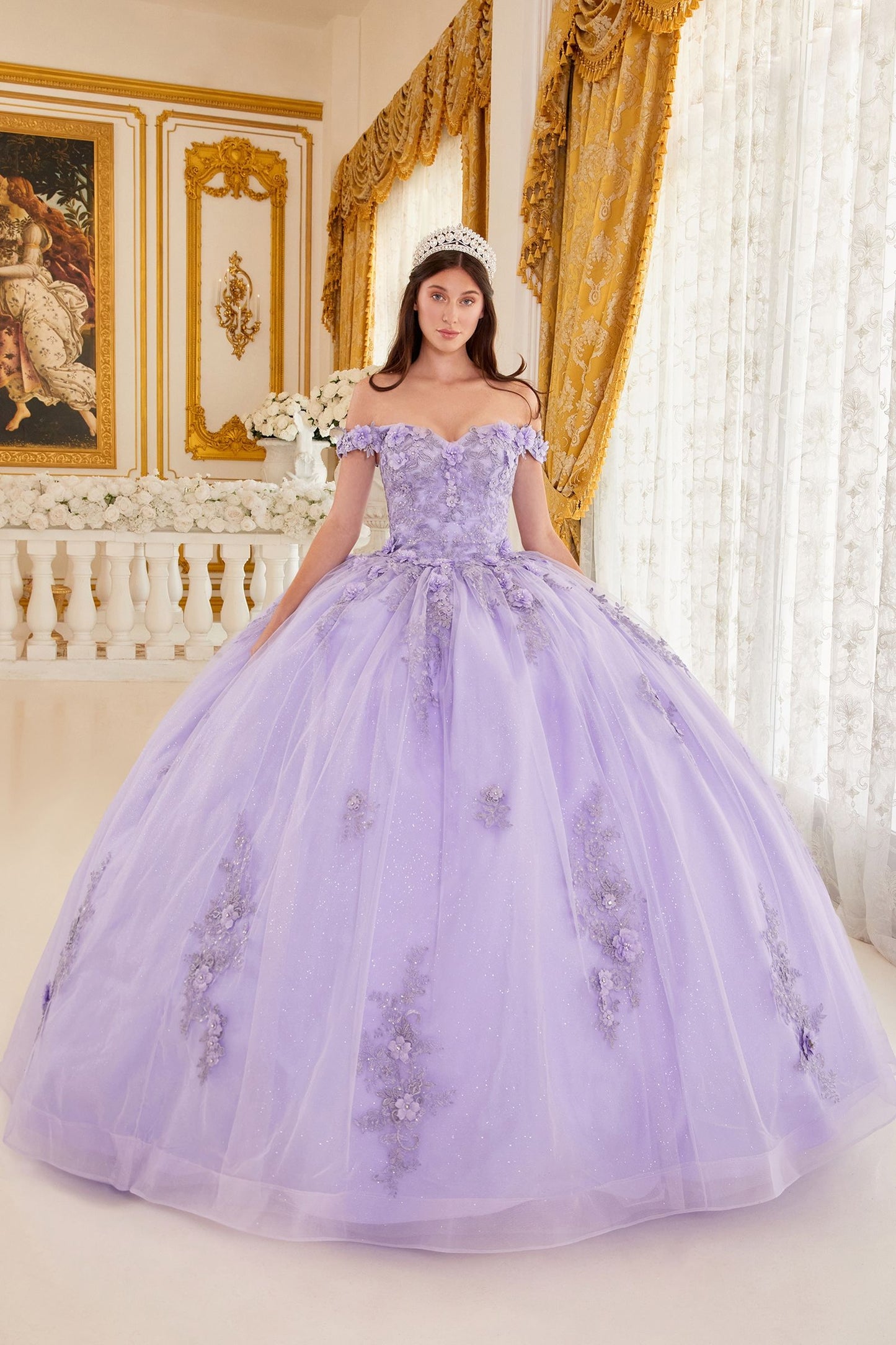 Unleash your inner princess with this Ladivine 15702 Off The Shoulder Shimmer Lace Quinceanera Ballgown Dress Formal Gown! Flaunt your radiant beauty in this romantic, glittery tulle ball gown, featuring a sweetheart neckline and off-shoulder lace and floral appliques. The gorgeous layered skirt sparkles magnificently with floral appliques, and the lace-up corset back closure ensures a perfectly tailored fit. Get ready to look like the belle of the ball!