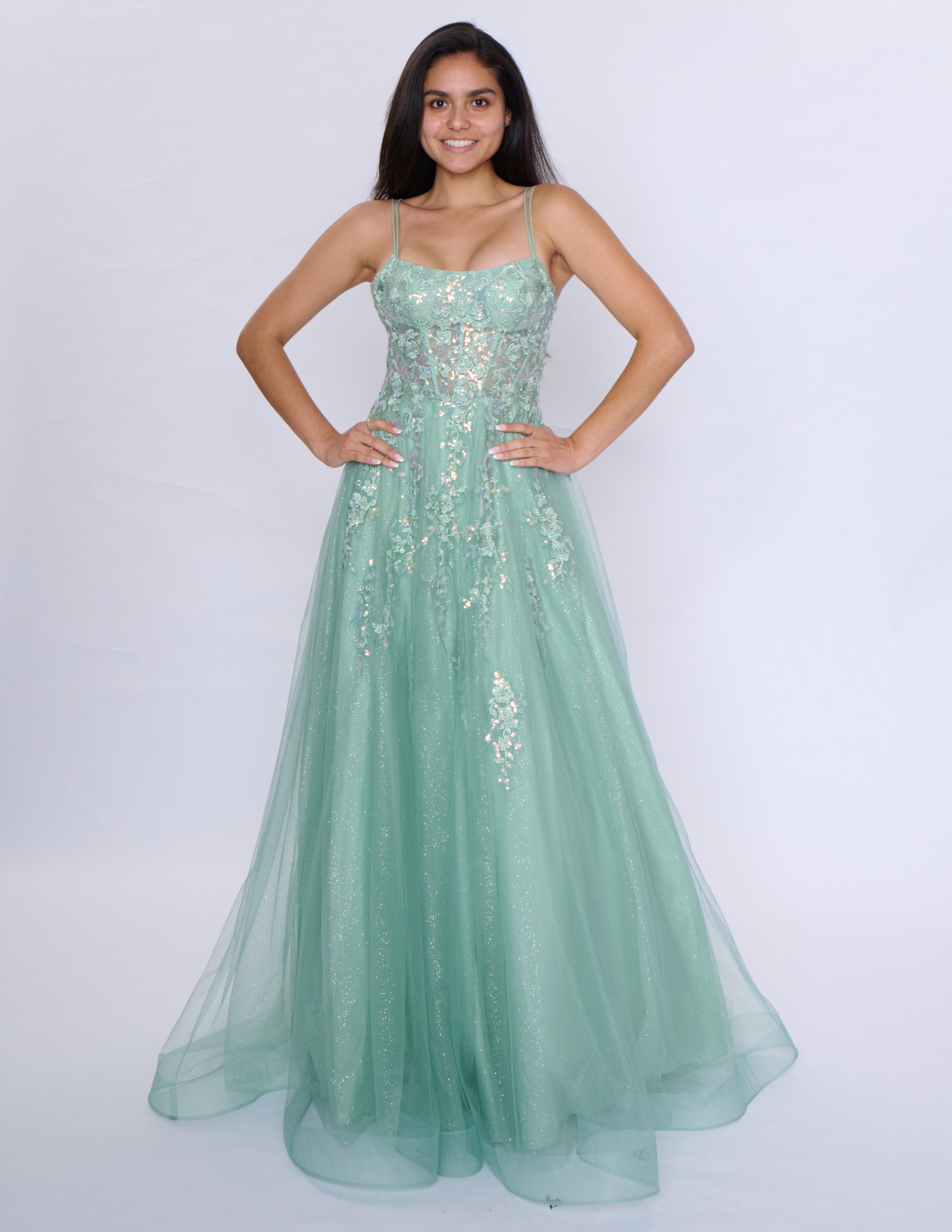 Get ready to make a statement at your next formal event with the Nina Canacci 1587 Sheer Corset Prom Dress. This stunning A Line dress features a beautiful sequin design and a scoop neck, creating a glamorous and sophisticated look. With its sheer corset and A-line silhouette, this dress is sure to turn heads and make you feel like a queen.

Sizes: 6-18

Colors: Sage, Light Blue