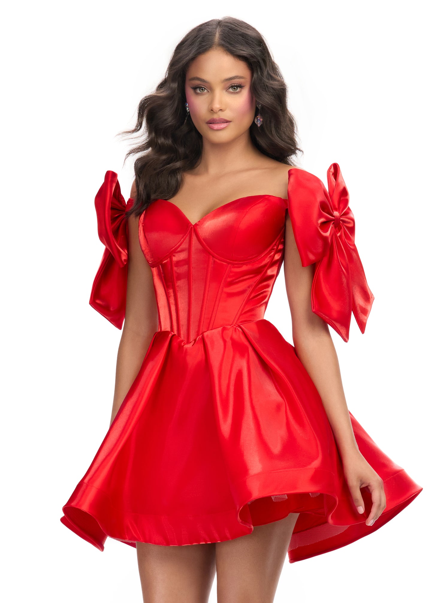 Ashley Lauren 4788 Size 6, 10 Red Corset Bodice Cocktail Dress Off the Shoulder Bow Straps A line Short Skirt