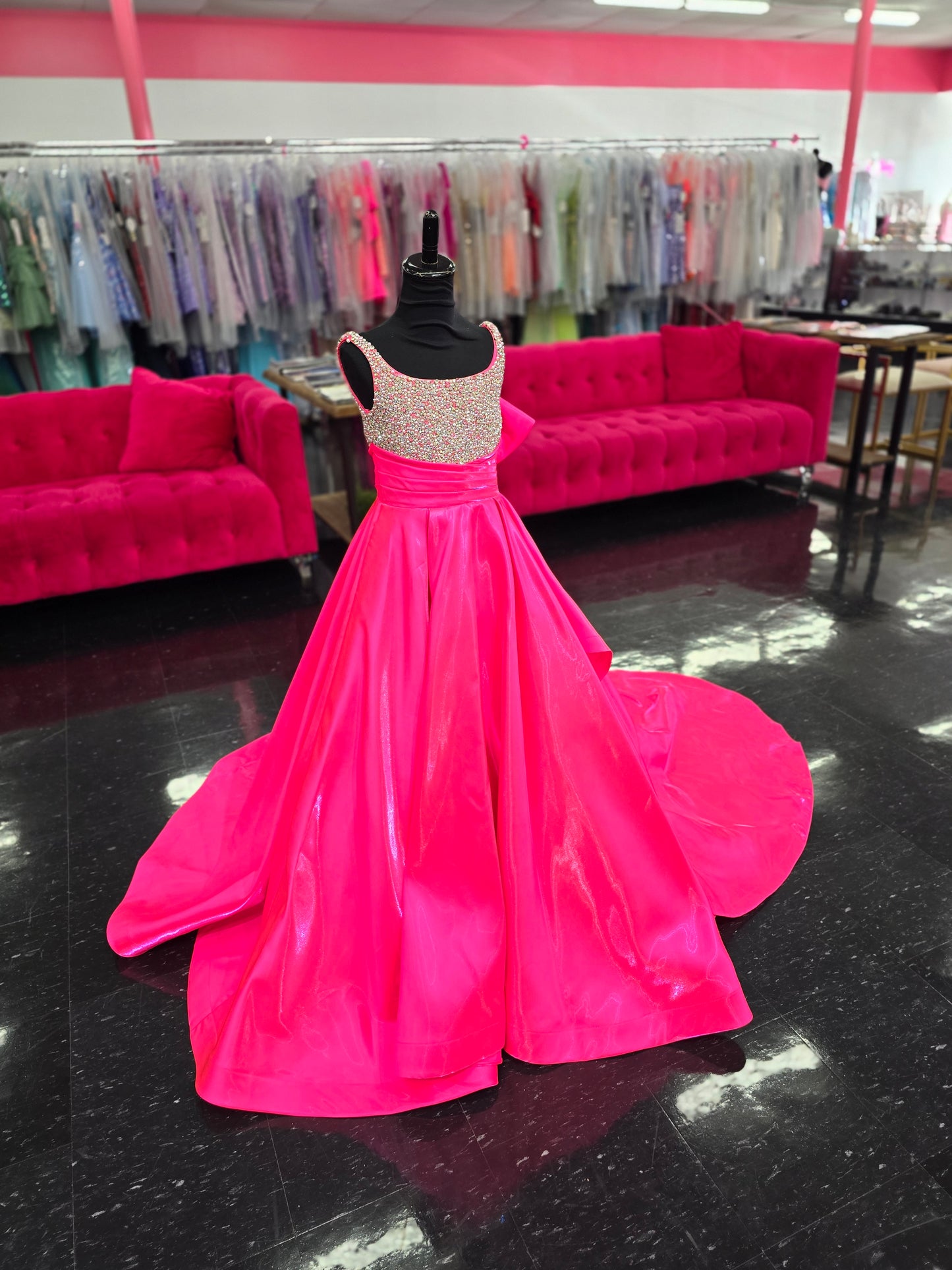 Ashley Lauren 8278 Size 8 Hot Pink Girls Satin Ballgown Large Bow Pageant Dress Crystal Bodice Gown