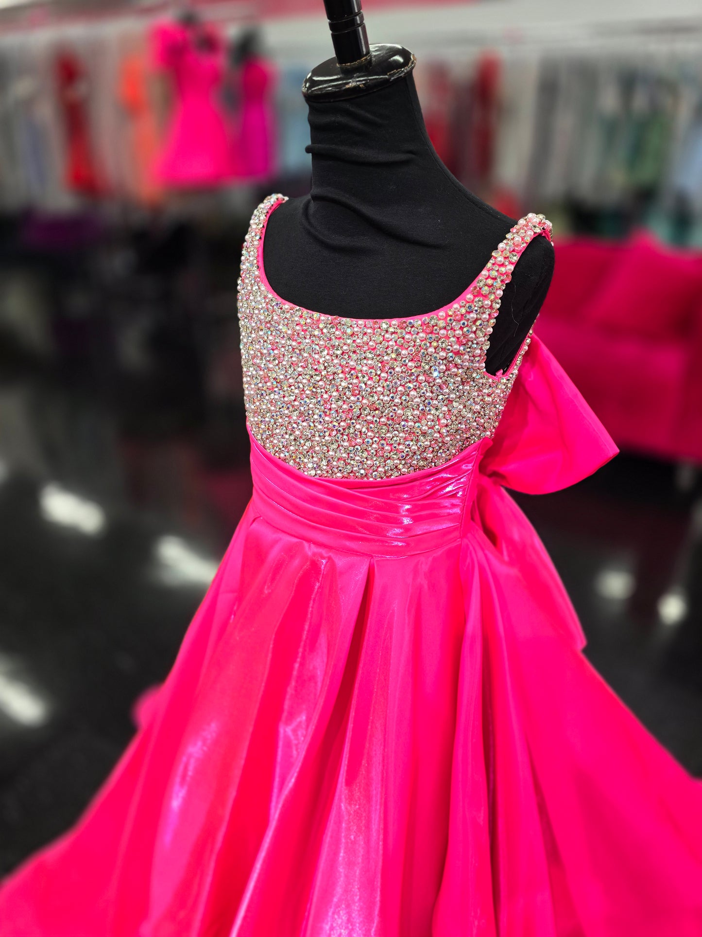 Ashley Lauren 8278 Size 8 Hot Pink Girls Satin Ballgown Large Bow Pageant Dress Crystal Bodice Gown