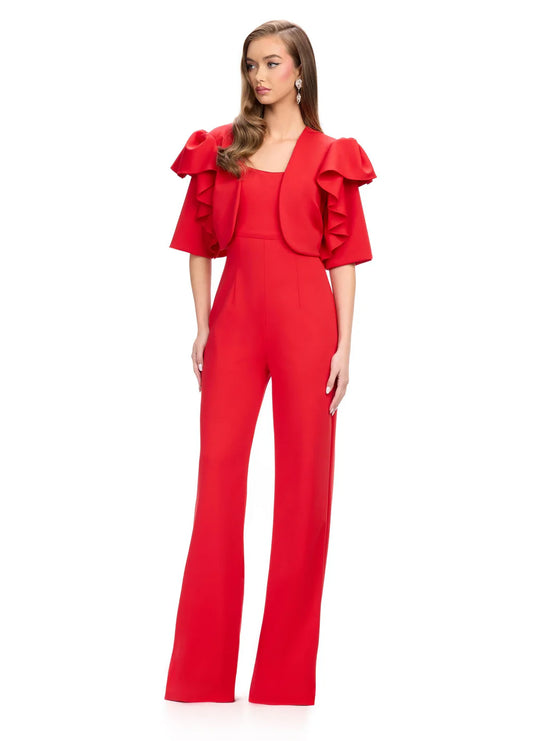 Elevate your style with the Ashley Lauren 11760 Scuba Jumpsuit and Jacket. The ruffle sleeves and wide pant legs add a touch of sophistication, while the scuba material provides a comfortable fit. Perfect for any occasion, this jumpsuit and jacket combo will make you feel confident and stylish.

Colors:&nbsp; Red, Yellow