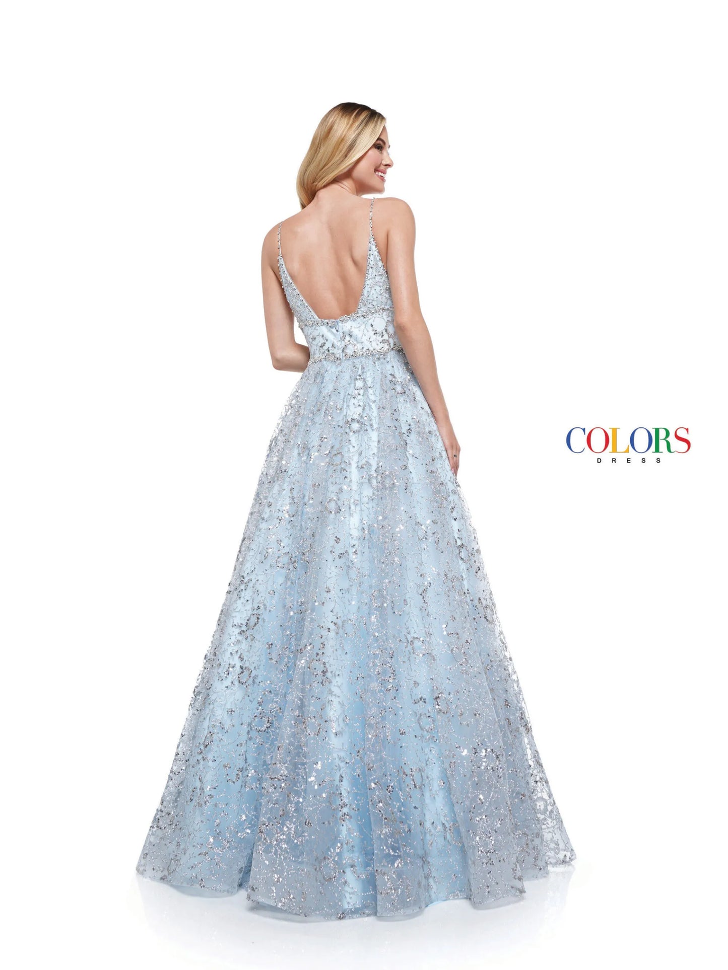 This stunning Colors Dress 2288 features a glittering sequin mesh ball gown with a plunging neckline and beautifully beaded bodice. Perfect for any formal event or pageant, this dress exudes elegance and sophistication. Make a statement and stand out from the crowd in this glamorous gown.