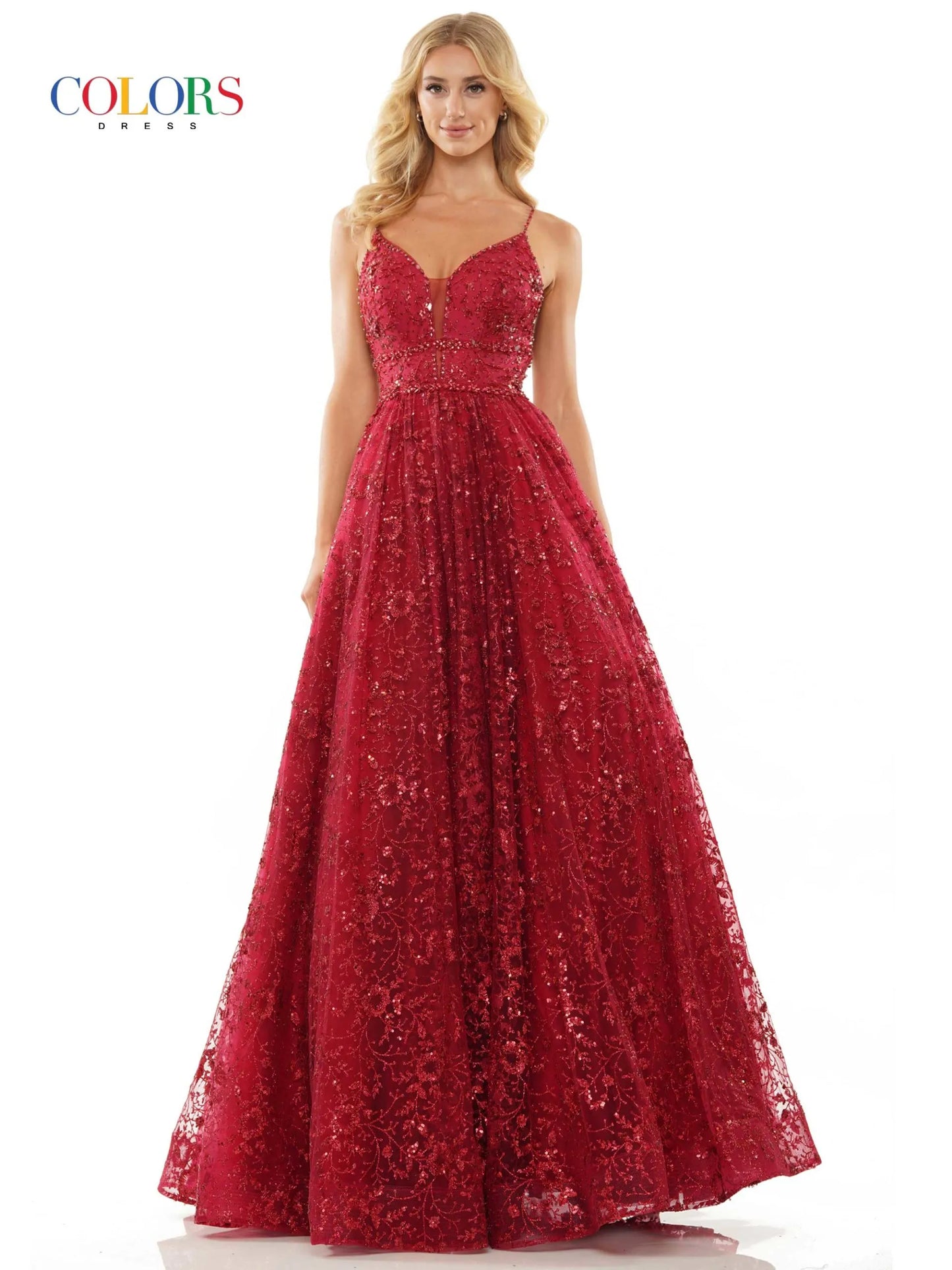 This stunning Colors Dress 2288 features a glittering sequin mesh ball gown with a plunging neckline and beautifully beaded bodice. Perfect for any formal event or pageant, this dress exudes elegance and sophistication. Make a statement and stand out from the crowd in this glamorous gown.