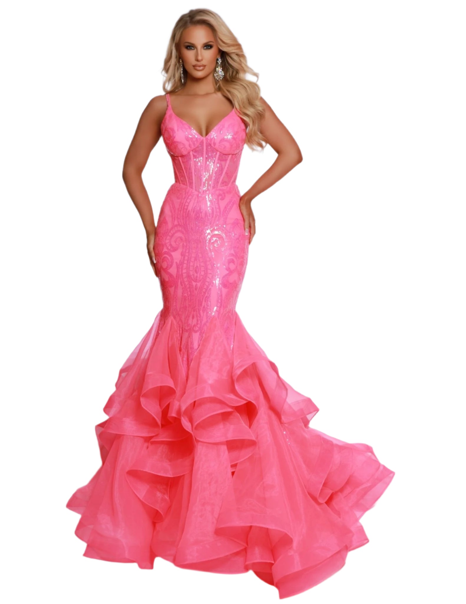 This Johnathan Kayne 2835 Long Prom Dress features a ruffled mermaid corset, V-neck, and a formal pageant gown design. The mermaid silhouette and exposed boning bodice create a unique, flattering hourglass shape that accentuates your curves while adding a dramatic touch to your look.