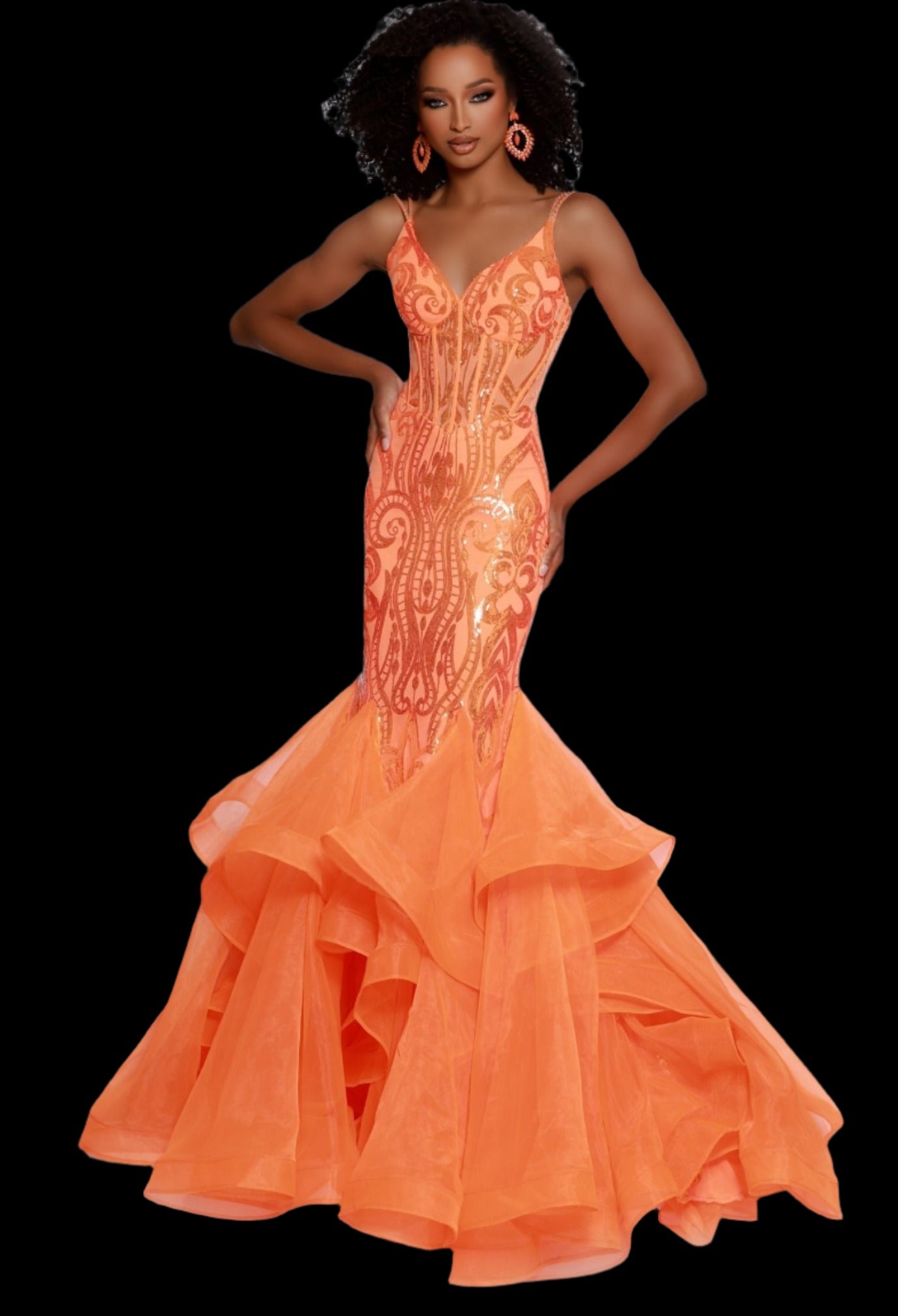 This Johnathan Kayne 2835 Long Prom Dress features a ruffled mermaid corset, V-neck, and a formal pageant gown design. The mermaid silhouette and exposed boning bodice create a unique, flattering hourglass shape that accentuates your curves while adding a dramatic touch to your look.