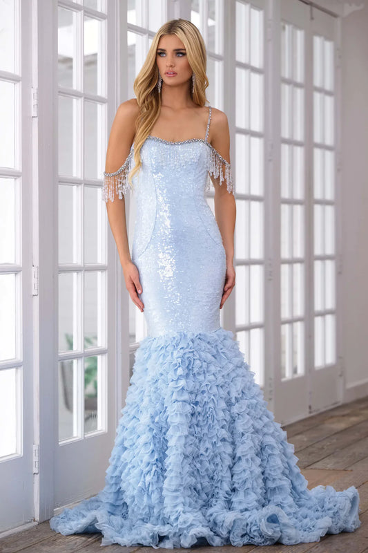 This Mermaid Long Prom Sequin Dress is designed with intricate beaded detailing and layered ruffles, creating a stunning and elegant look. Its fitted silhouette and spaghetti straps make for a flattering and comfortable fit. Perfect for formal events and pageants, this dress will make you feel like a true mermaid.