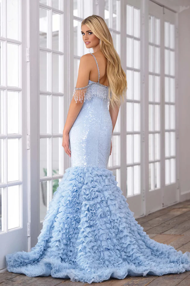 This Mermaid Long Prom Sequin Dress is designed with intricate beaded detailing and layered ruffles, creating a stunning and elegant look. Its fitted silhouette and spaghetti straps make for a flattering and comfortable fit. Perfect for formal events and pageants, this dress will make you feel like a true mermaid.