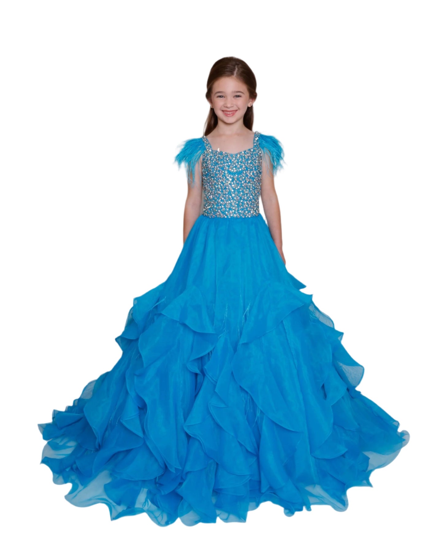 Ava Presley 28821 Girls Pageant Dress Feather Ruffle Ballgown Crystal Bodice Gown Layer