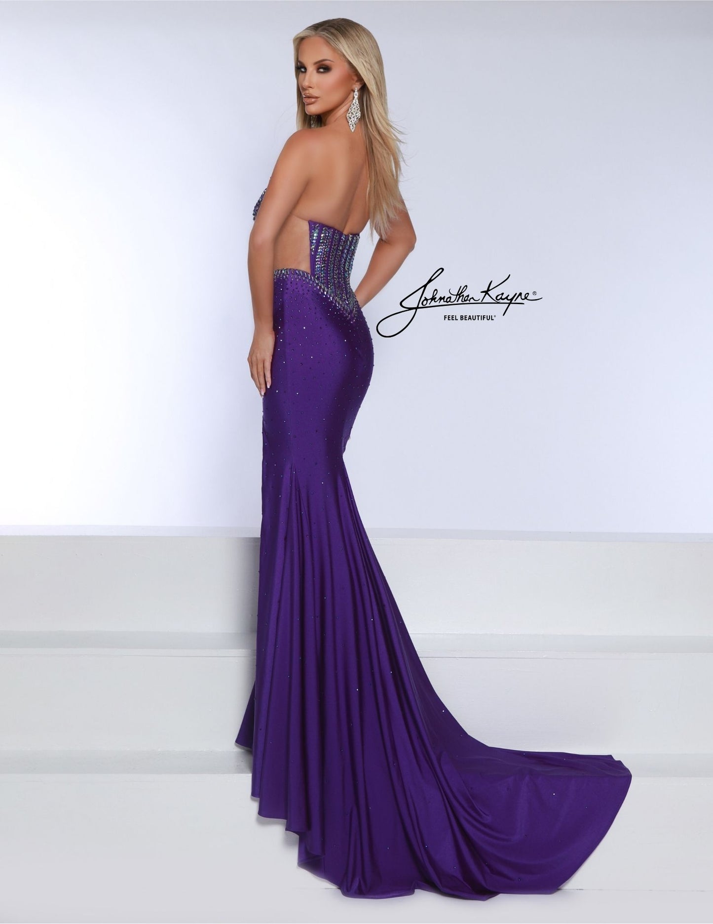 Johnathan Kayne 3001 Sheer Cut Out Crystal Slit Prom Dress Pageant Formal Wear Plunging Neckline