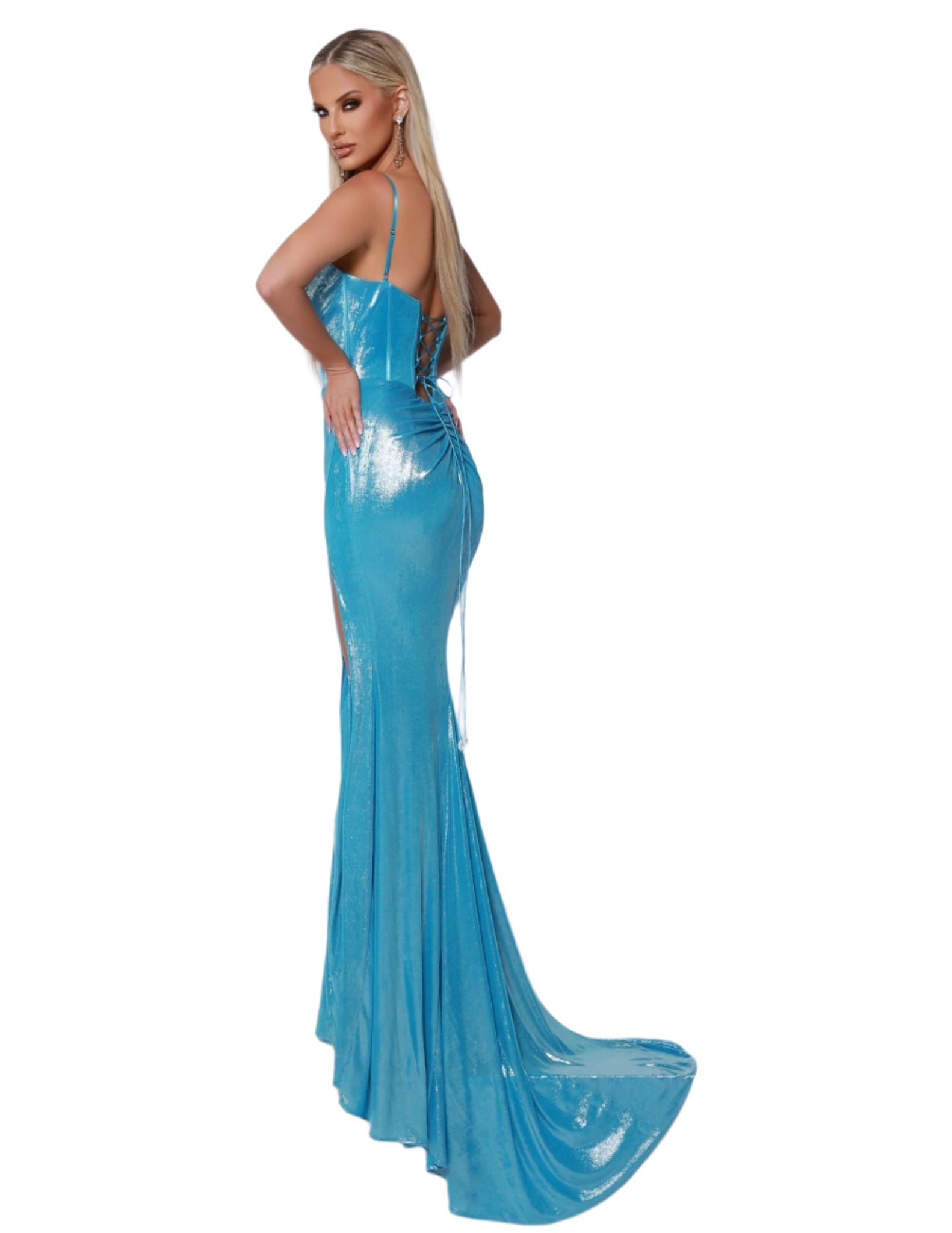 The Johnathan Kayne 3011 Prom Dress embodies elegant seduction with its sheer corset bodice and enchanting metallic shimmer. With a flattering v-neckline, this formal gown is perfect for making a statement at any event. Make a lasting impression with this stunning dress. Shine bright like a diamond in this metallic stunner of a dress! With an exposed bodice that adds a hint of allure and a leg slit for that extra touch of sass, this dress is sure to make you the life of the party&nbsp;