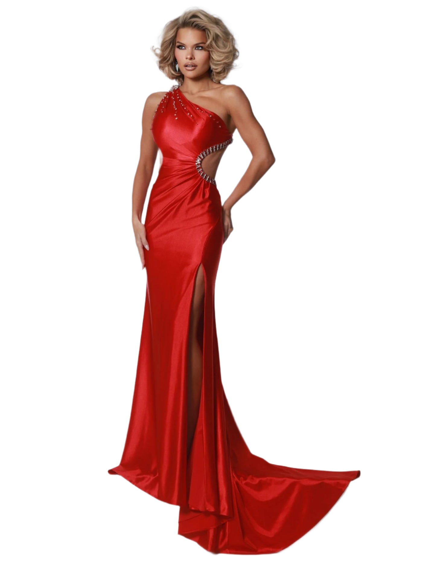 Expertly designed and crafted, the Johnathan Kayne 3015 dress boasts a one shoulder, backless design with intricate crystal cut outs. The drape detail adds an elegant touch to this stunning pageant or prom dress. Elevate your style with this exquisite piece. This stunning gown features a trendy one shoulder design and rib cut out detailing for a touch of edgy elegance. The beautiful beading adds a touch of glamour, while the shiny fabric catches the light just right.

Sizes: 00-16

Colors: Cherry, Grape&nbs