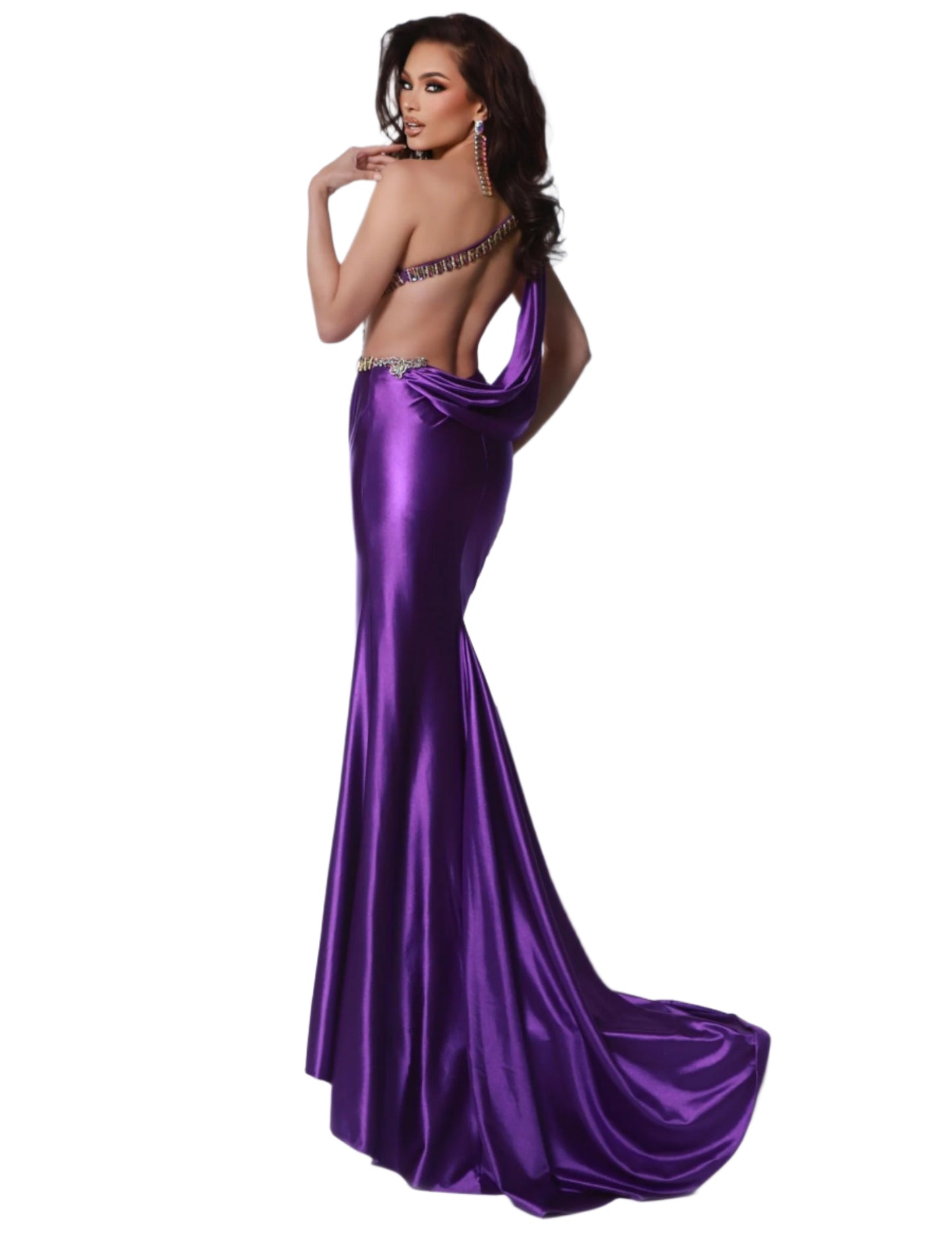 Expertly designed and crafted, the Johnathan Kayne 3015 dress boasts a one shoulder, backless design with intricate crystal cut outs. The drape detail adds an elegant touch to this stunning pageant or prom dress. Elevate your style with this exquisite piece. This stunning gown features a trendy one shoulder design and rib cut out detailing for a touch of edgy elegance. The beautiful beading adds a touch of glamour, while the shiny fabric catches the light just right.

Sizes: 00-16

Colors: Cherry, Grape&nbs