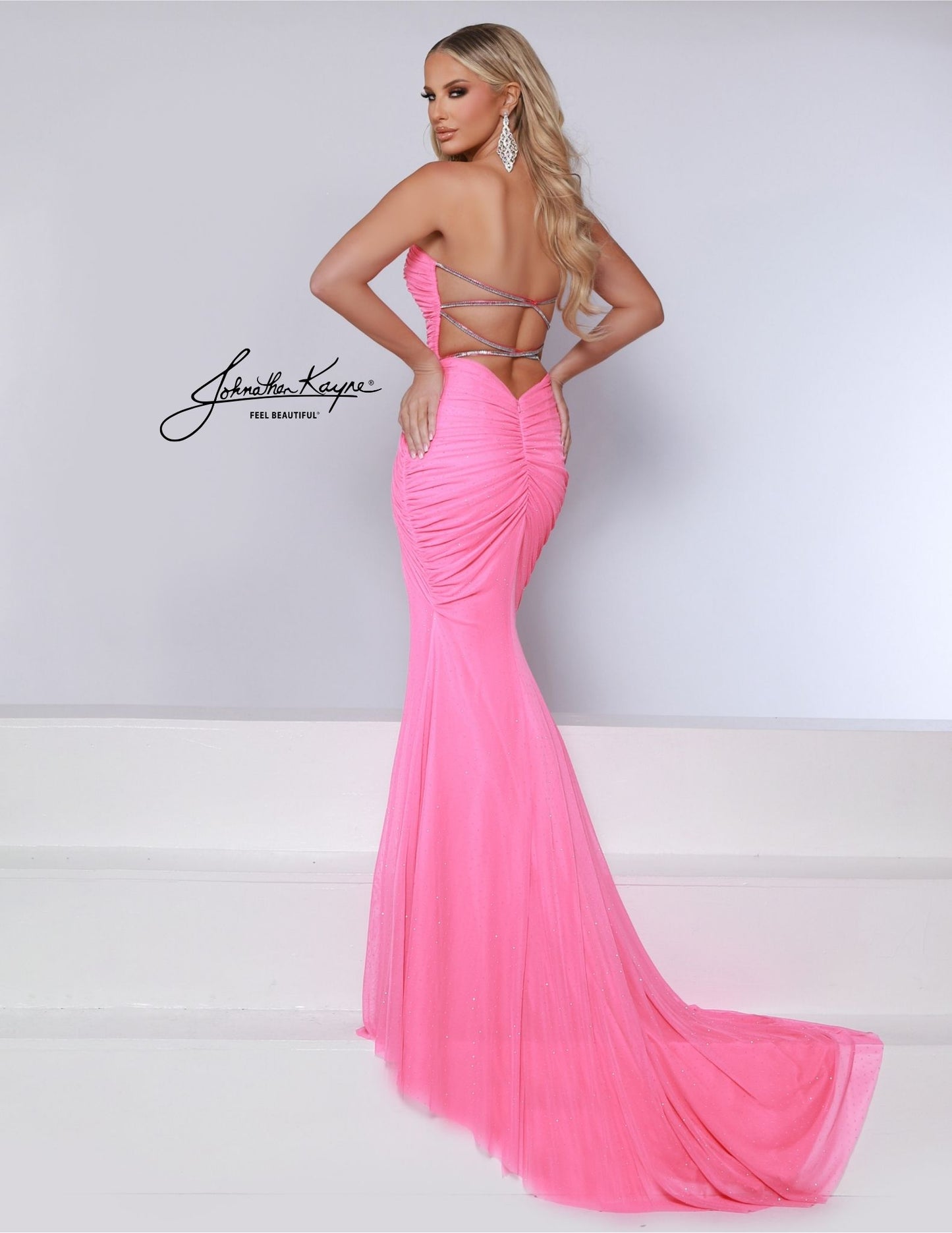 Johnathan Kayne 3024 ruched open back dress strapless cut crystal powermesh material