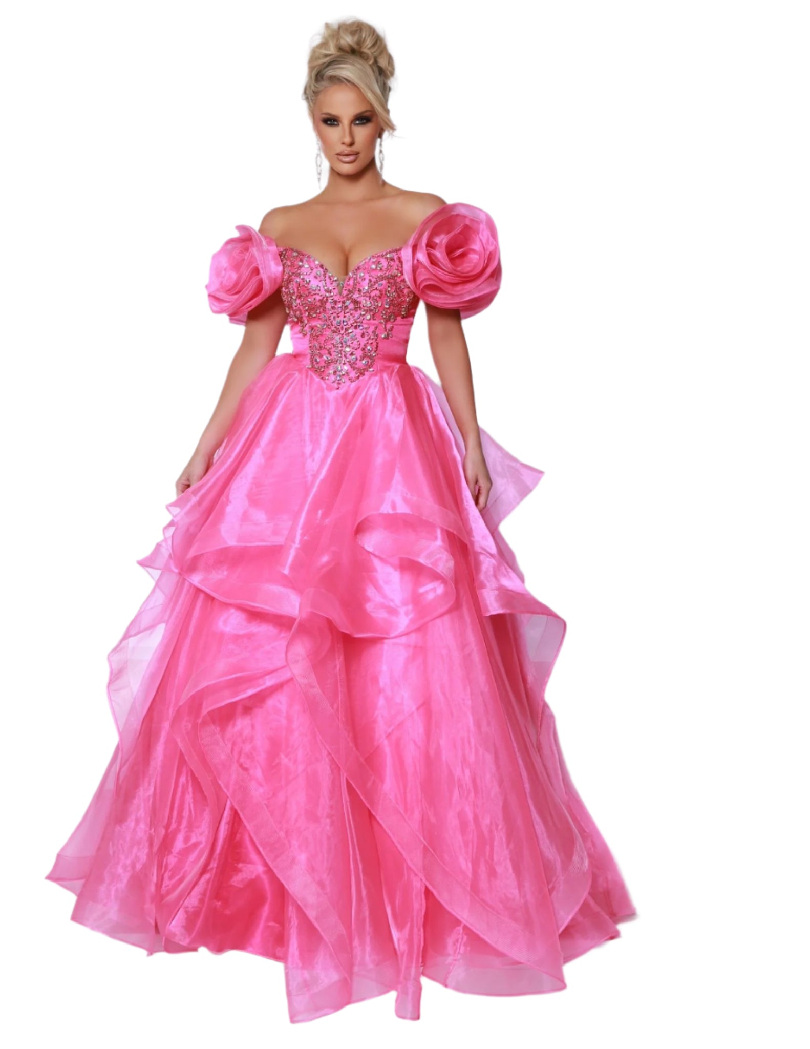 The Johnathan Kayne 3036 prom dress is a show-stopping and sophisticated choice for pageants and formal events. The V-neckline is adorned with sparkling crystal details, while the layered ruffle ballgown creates a stunning silhouette. The detachable puff sleeves add a touch of versatility and glamour. Perfect for making a statement and turning heads.&nbsp;Your fairy tale moment has arrived with this breathtaking ball gown. The ethereal organza and cascading layered ruffles create a dreamy silhouette that is