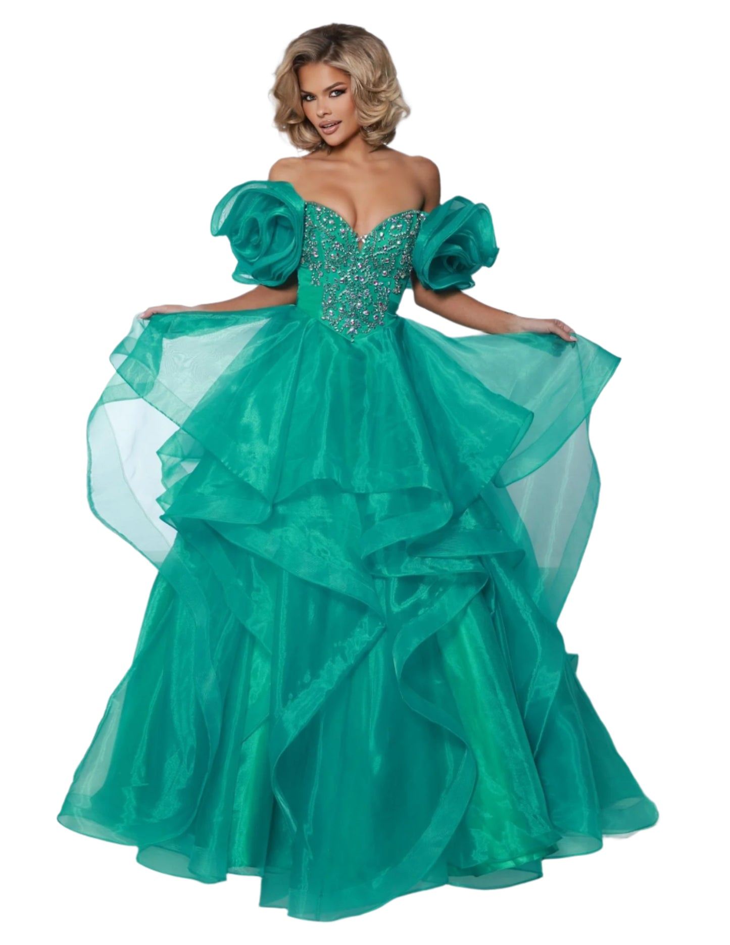 The Johnathan Kayne 3036 prom dress is a show-stopping and sophisticated choice for pageants and formal events. The V-neckline is adorned with sparkling crystal details, while the layered ruffle ballgown creates a stunning silhouette. The detachable puff sleeves add a touch of versatility and glamour. Perfect for making a statement and turning heads.&nbsp;Your fairy tale moment has arrived with this breathtaking ball gown. The ethereal organza and cascading layered ruffles create a dreamy silhouette that is