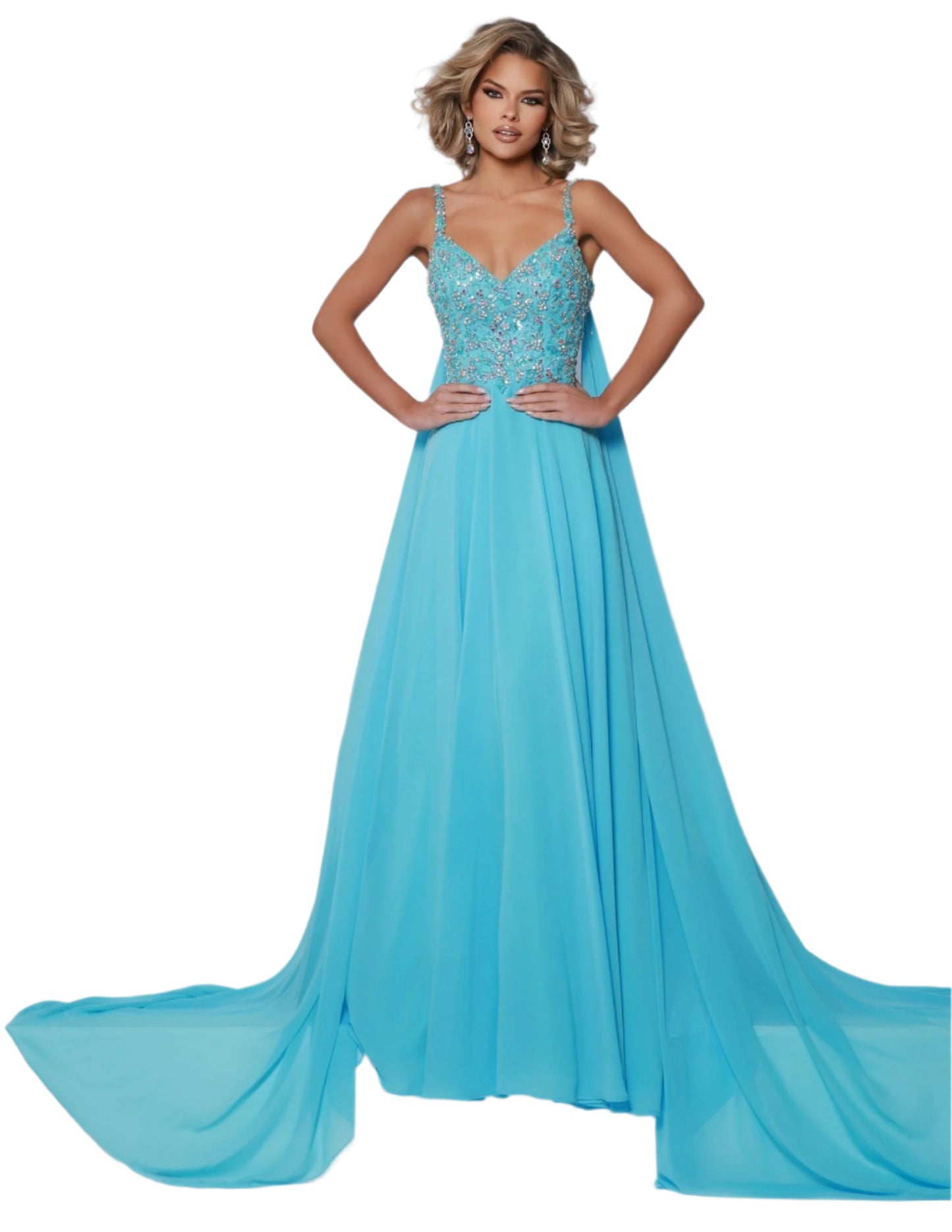 Expertly designed by Johnathan Kayne, this stunning A Line Pageant Dress features a glamorous crystal embellished cape, a flowy chiffon skirt, and a sophisticated V neckline. Step onto the stage in style and exude confidence with this must-have prom dress. Buy now or cry later! Transform into your most fabulous self with this enchanting dress. With the beaded bodice and magical shoulder cape attachments, you'll fly far away from basic.

Sizes: 00-20

&nbsp;Colors: Aqua, Hot Pink, Lemon, White