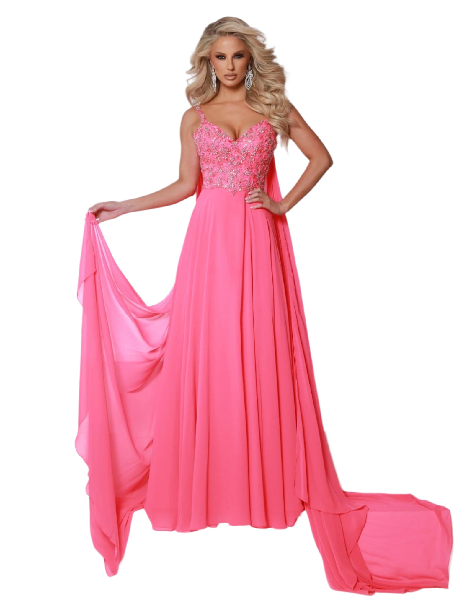 Expertly designed by Johnathan Kayne, this stunning A Line Pageant Dress features a glamorous crystal embellished cape, a flowy chiffon skirt, and a sophisticated V neckline. Step onto the stage in style and exude confidence with this must-have prom dress. Buy now or cry later! Transform into your most fabulous self with this enchanting dress. With the beaded bodice and magical shoulder cape attachments, you'll fly far away from basic.

Sizes: 00-20

&nbsp;Colors: Aqua, Hot Pink, Lemon, White