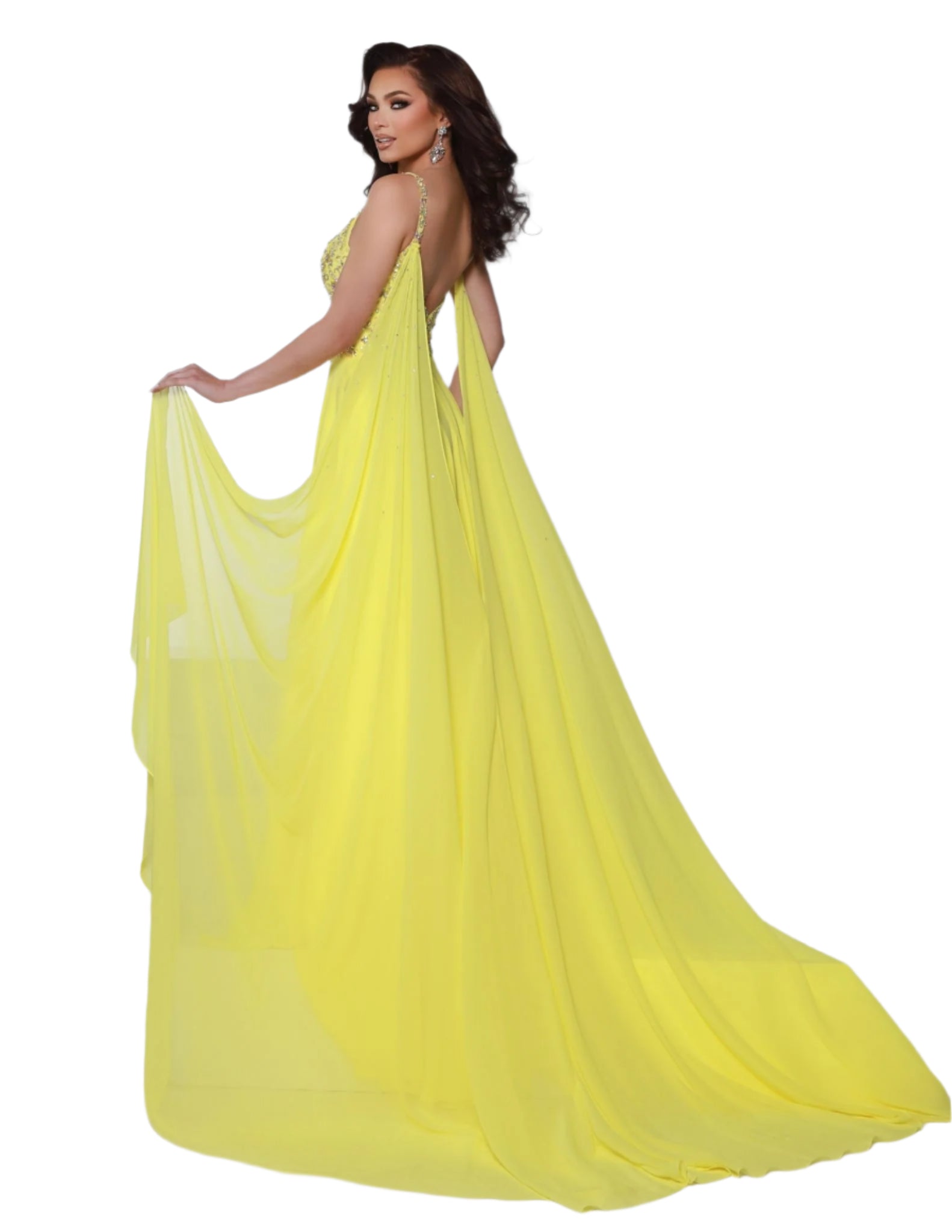 Expertly designed by Johnathan Kayne, this stunning A Line Pageant Dress features a glamorous crystal embellished cape, a flowy chiffon skirt, and a sophisticated V neckline. Step onto the stage in style and exude confidence with this must-have prom dress. Buy now or cry later! Transform into your most fabulous self with this enchanting dress. With the beaded bodice and magical shoulder cape attachments, you'll fly far away from basic.

Sizes: 00-20

&nbsp;Colors: Aqua, Hot Pink, Lemon, White