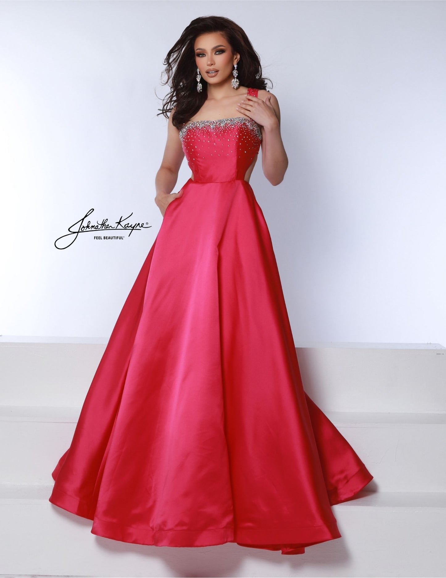 Johnathan Kayne 3050 Straight Neckline Ballgown Prom Dress Wide Straps Mikado Cut Outs