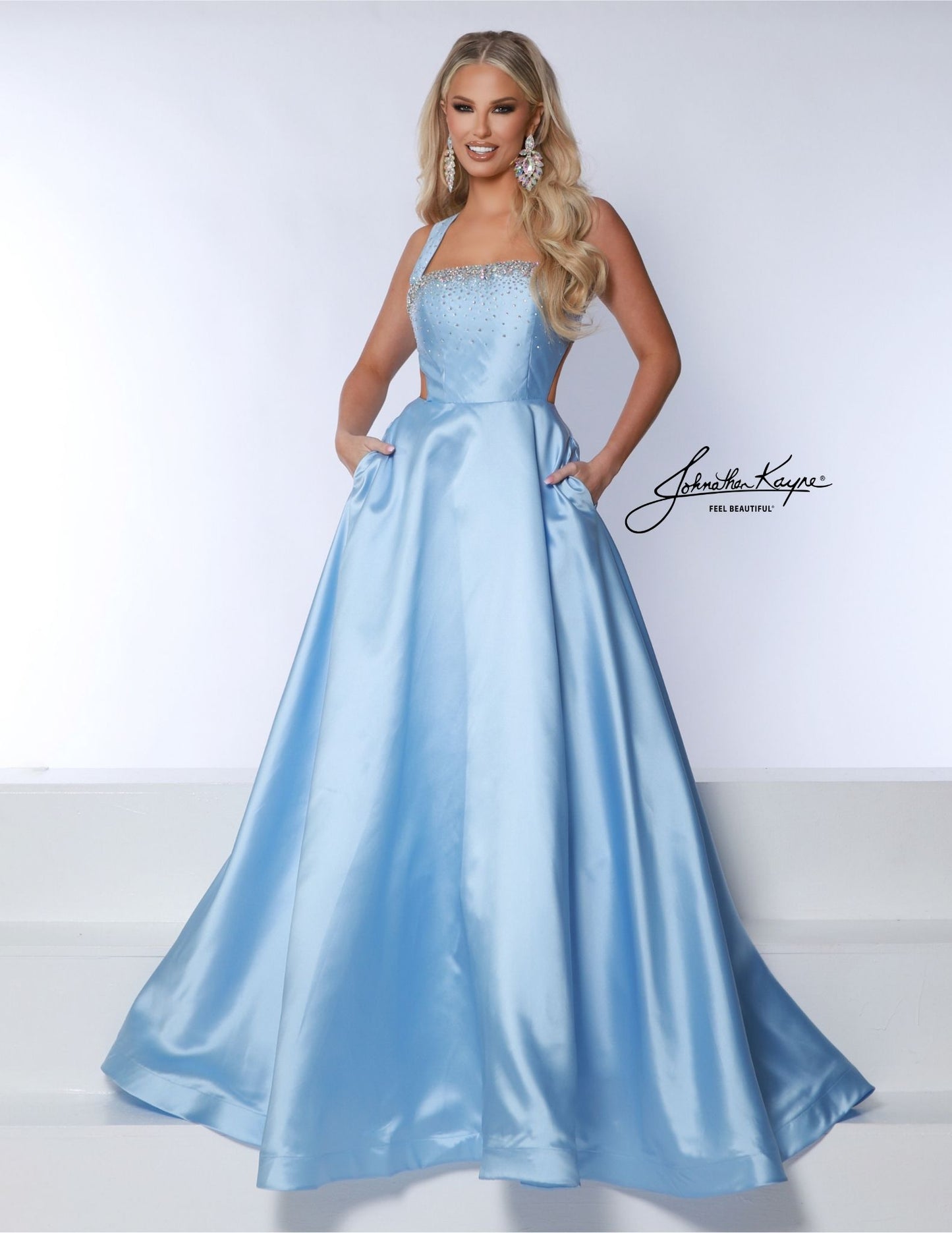 Johnathan Kayne 3050 Straight Neckline Ballgown Prom Dress Wide Straps Mikado Cut Outs