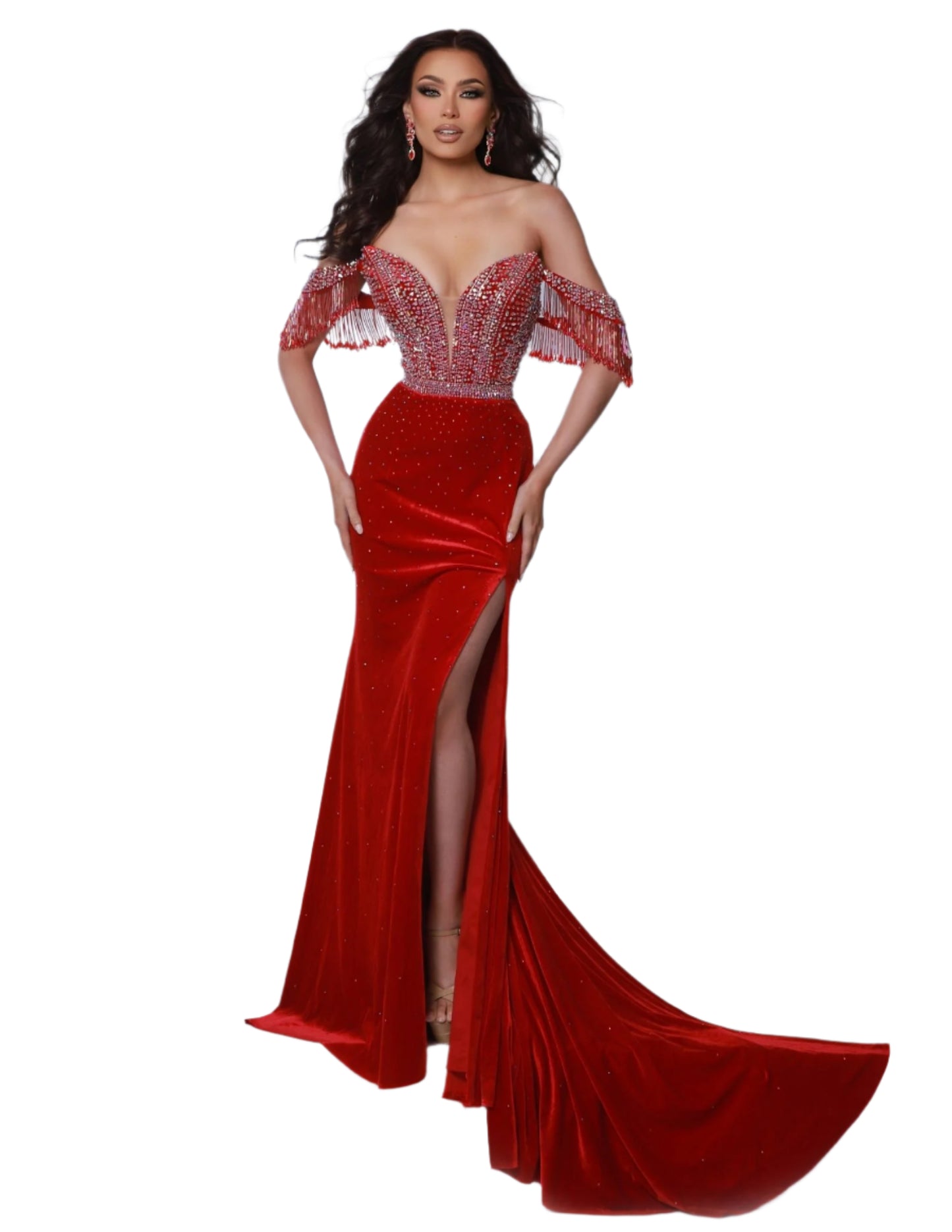 Expertly designed by Johnathan Kayne, this luxurious velvet pageant dress features a dramatic off-the-shoulder neckline and a stunning crystal corset bodice. The fringe accents add a touch of glamour, making it the perfect choice for any pageant or formal event. Stand out from the crowd with this one-of-a-kind dress. The drama?? Yes ma’am! Level up your glam game with this off-shoulder stretch velvet stunner. A beaded bodice, plunge neckline, sassy leg slit, and versatile corset back make you the showstoppe