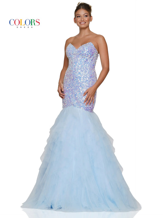 This beautiful Colors Dress 3202 Mermaid Prom Dress features a strapless corset bodice with boning peak points, a fitted sequin bodice and a ruffle tulle trumpet skirt for an elegant look. Perfect for any formal occasion. Prom, Pageant, Formal evening Gown.  Sizes: 2-24  Colors: Black, Light Blue, Purple, Red