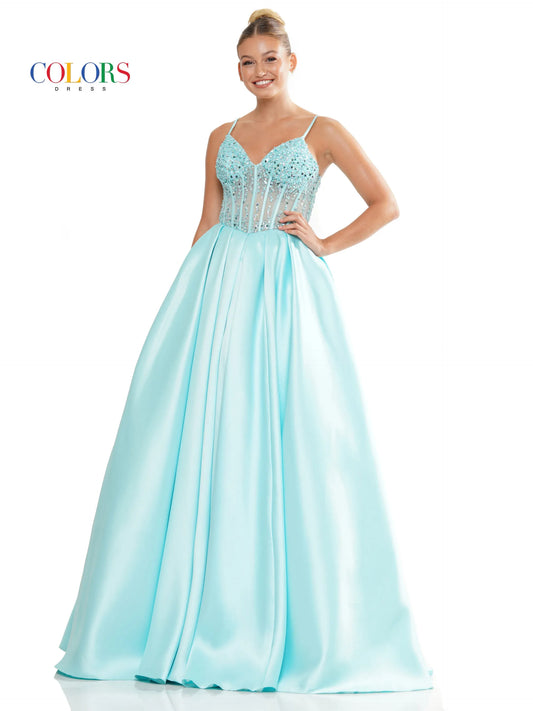 Colors Dress 3244 is a stunning long mikado ballgown prom dress that exudes elegance and sophistication. It features a v-neck and a sheer corset with boning and beaded details for a slimming silhouette. The intricate beading throughout the gown adds a touch of sparkle. Perfect for formal occasions.  Sizes: 0,2,4,6,8,10,12,14,16,18,20  Colors: Black, Red, Mint, Blueberry