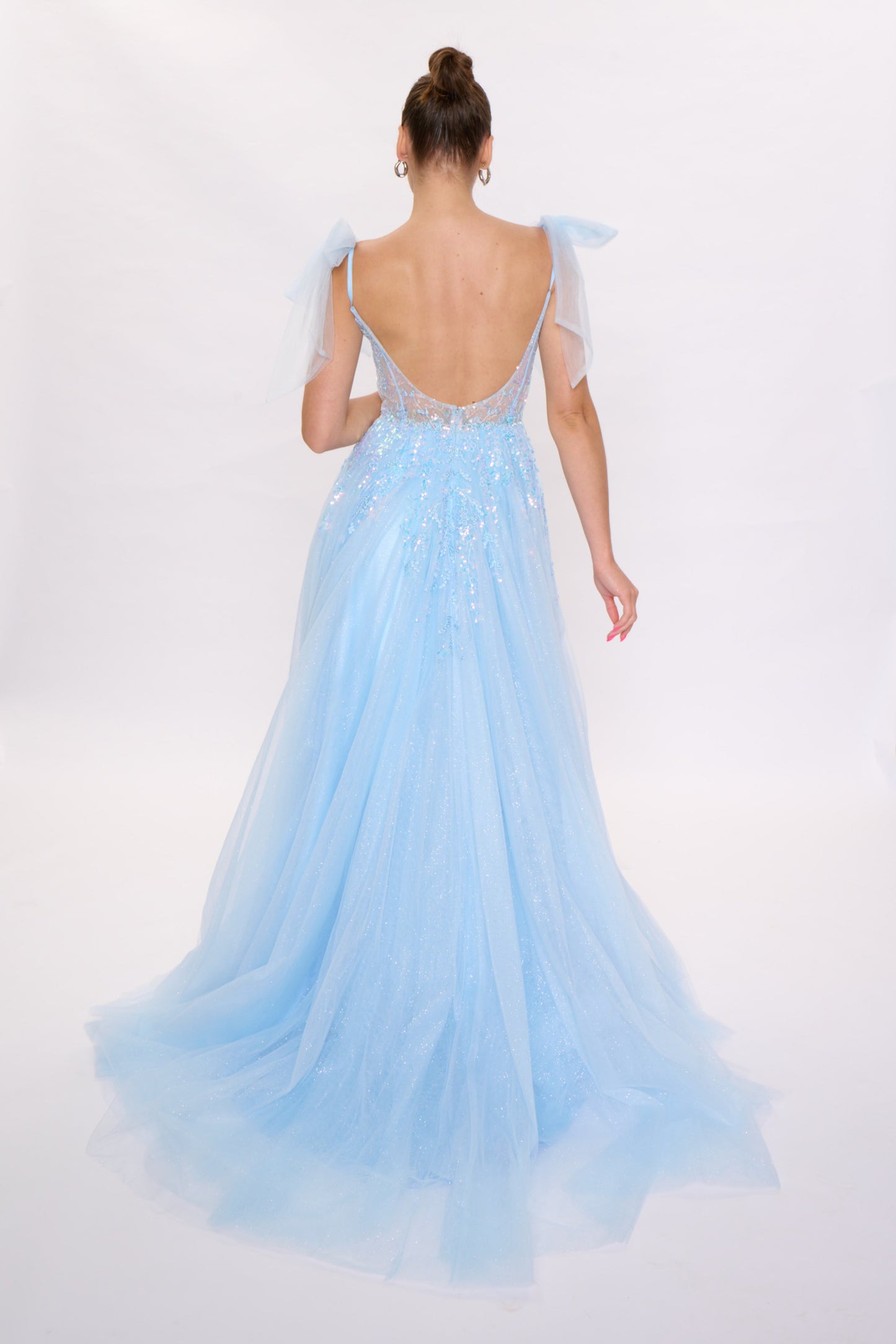 Nina Canacci 3269 Size 0,4 Blue Bow Prom Dress A line Maxi Slit Formal evening Gown Sweetheart Neckline