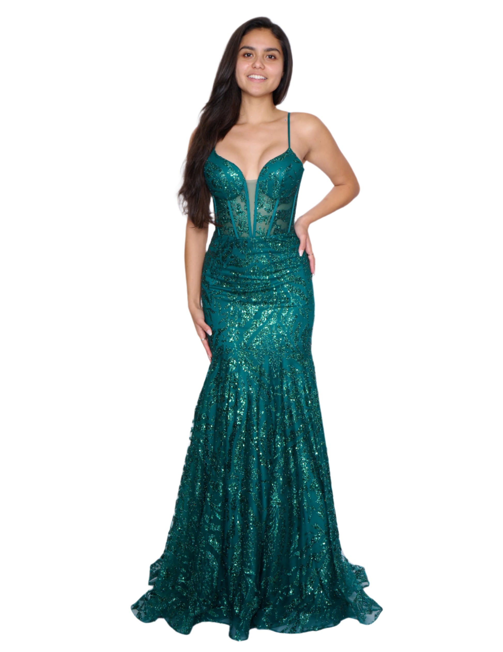 Enhance your prom look with this stunning Nina Canacci 3277 prom dress. The sheer corset beautifully accentuates your curves, while the mermaid silhouette elongates your figure. The sparkling sequin details and V-neckline add a touch of glamour. Make a statement with this formal gown and shine at your special event.

Size: 14

Color: Hunter Green