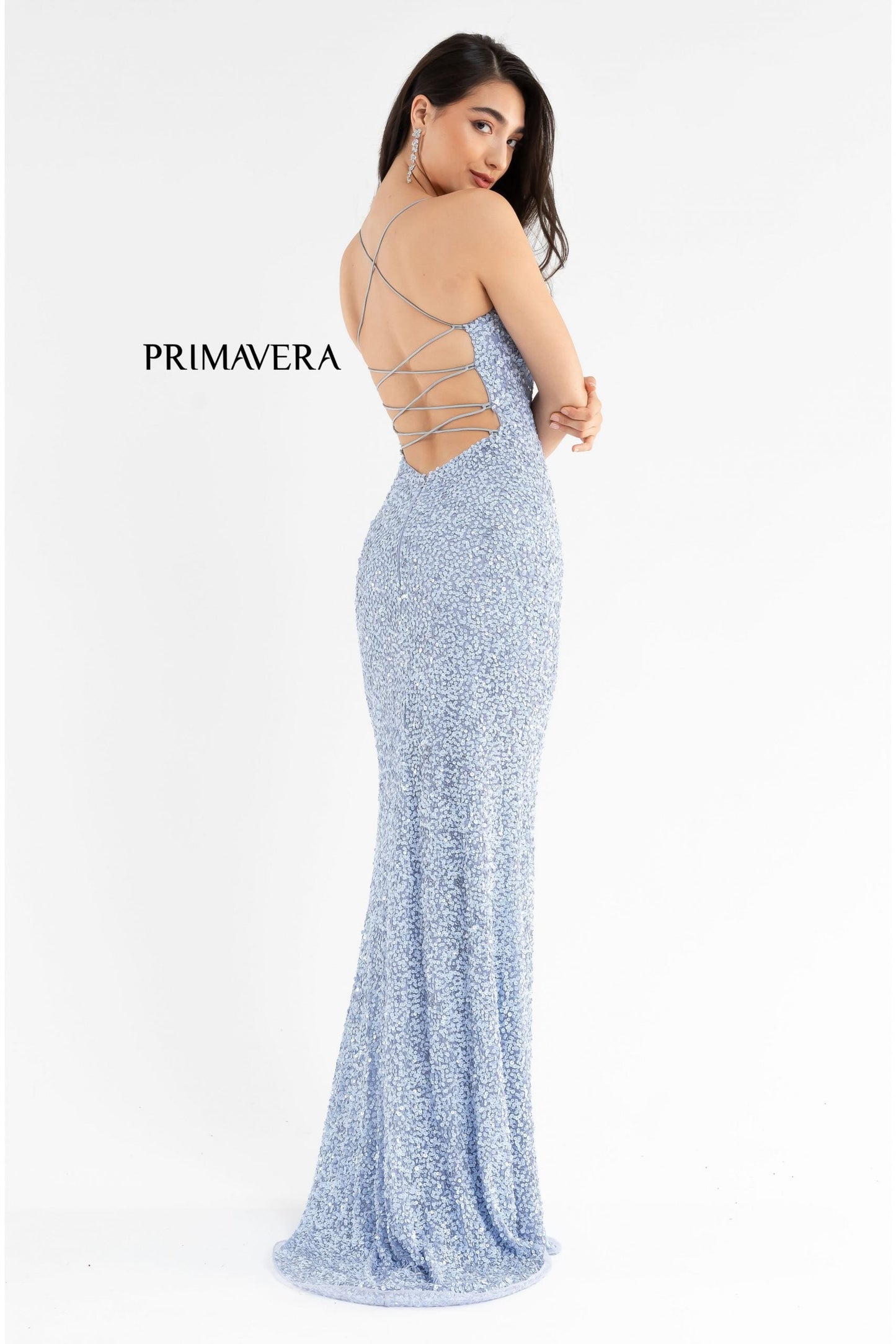 Primavera Couture 3290 This prom dress adds a pop to the multi sequins dress.  With a scoop neckline and spaghetti straps that cross and tie in the back.  This long evening dress has a side slit.  Available sizes:  000, 00, 0, 2, 4, 6, 8, 10, 12, 14, 16