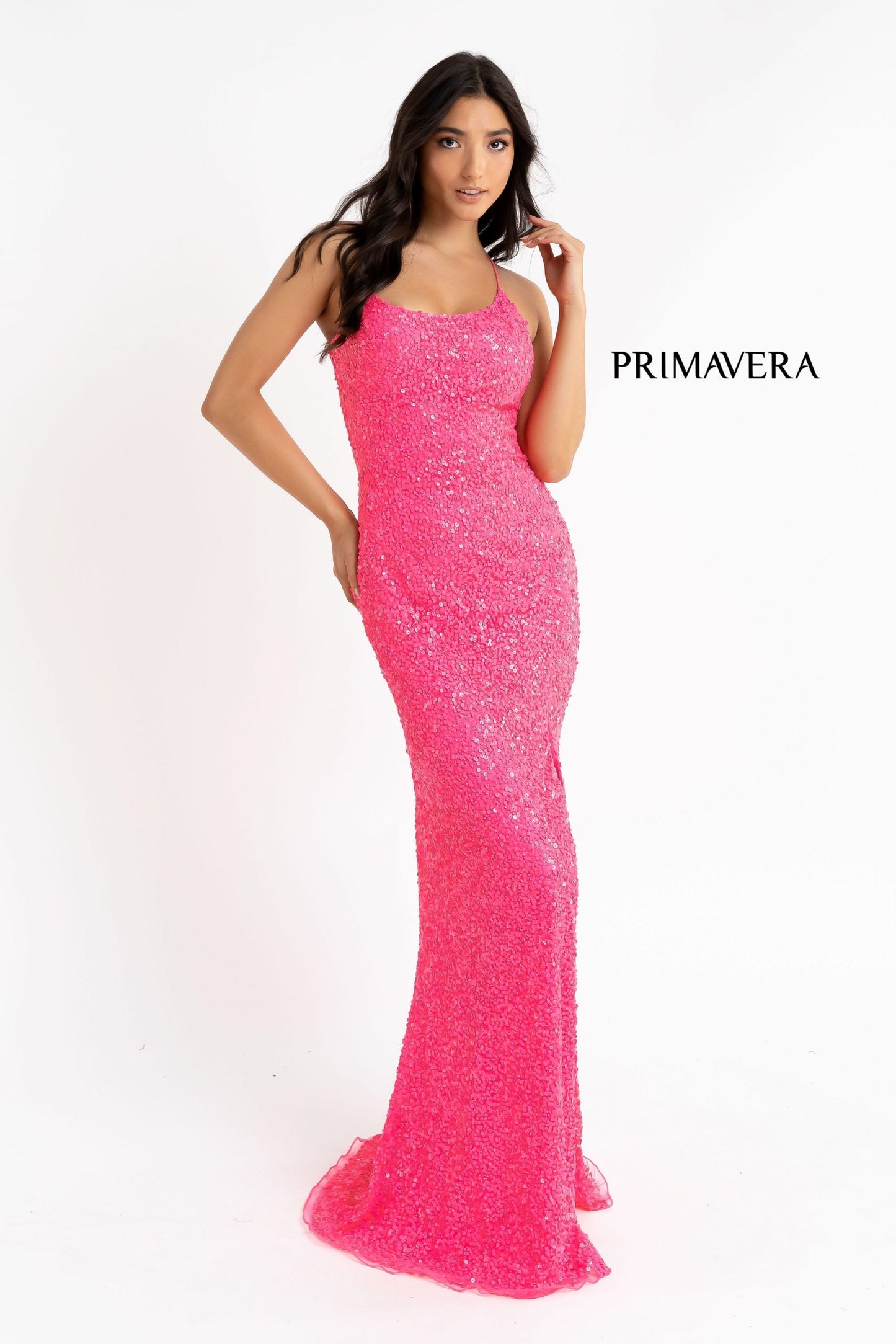 Primavera Couture 3290 This prom dress adds a pop to the multi sequins dress.  With a scoop neckline and spaghetti straps that cross and tie in the back.  This long evening dress has a side slit. And need I say, NEON!  Available Colors: Midnight, Emerald, Turquoise, Plum, Peach, Blue, Black, Fuchsia, Cream, Neon Sage, Neon Coral, Neon Lilac, Bright Blue, Rose, Neon Pink, Orange, Baby Pink, Purple, Royal Blue, Ivory, Gold, Charcoal, Red, Apple Green, Forrest Green, Yellow, Mint  Available sizes:  18, 20, 22