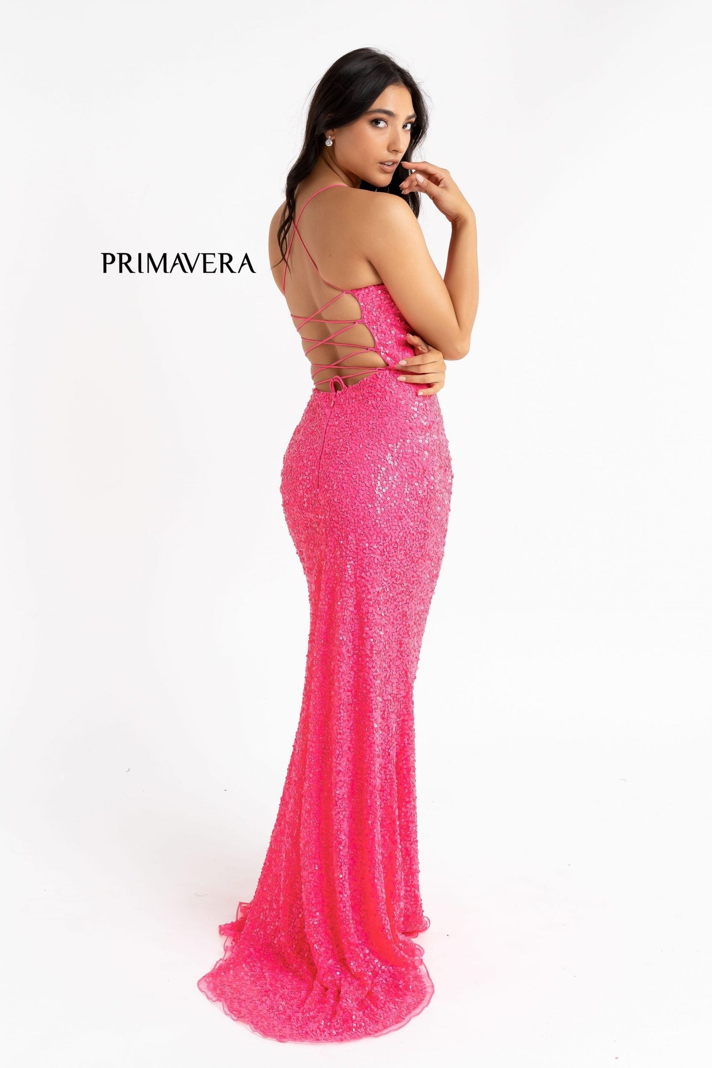 Primavera Couture 3290 This prom dress adds a pop to the multi sequins dress.  With a scoop neckline and spaghetti straps that cross and tie in the back.  This long evening dress has a side slit. And need I say, NEON!  Available Colors: Midnight, Emerald, Turquoise, Plum, Peach, Blue, Black, Fuchsia, Cream, Neon Sage, Neon Coral, Neon Lilac, Bright Blue, Rose, Neon Pink, Orange, Baby Pink, Purple, Royal Blue, Ivory, Gold, Charcoal, Red, Apple Green, Forrest Green, Yellow, Mint  Available sizes:  18, 20, 22