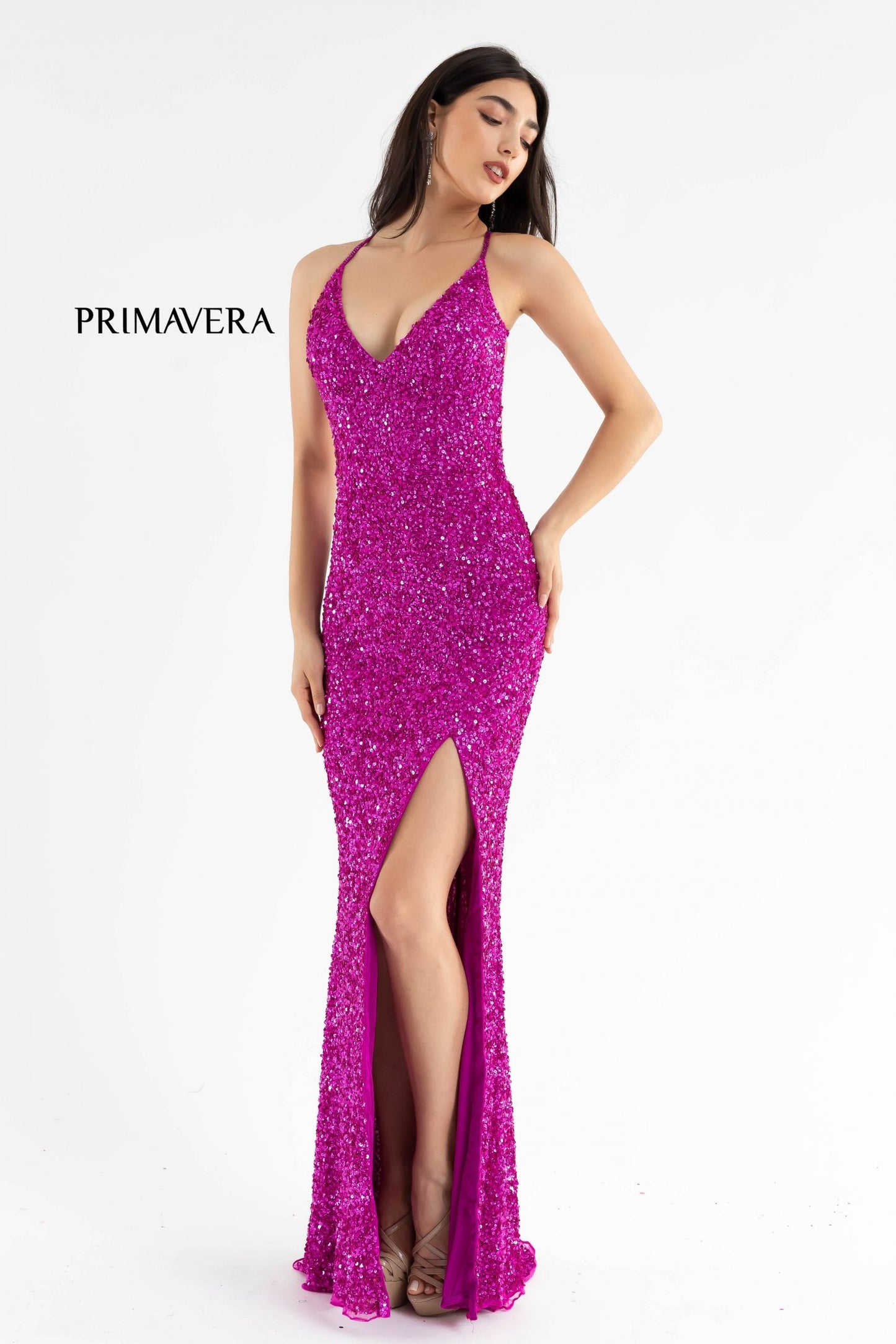 Primavera Couture 3291 Size 2 Purple Long Fitted Backless Sequin Prom Dress Formal Gown Slit